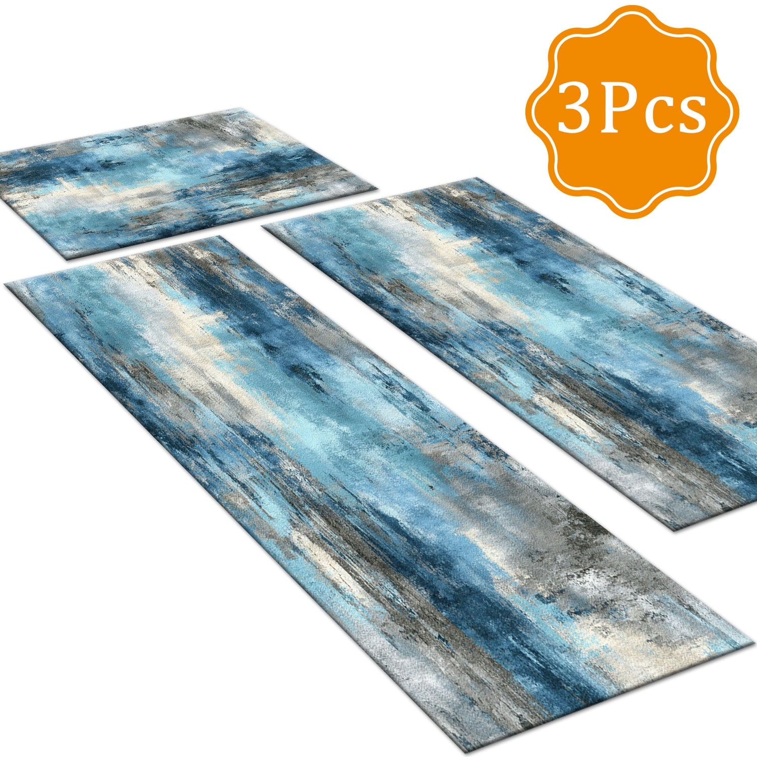 Gloweer 3-Piece Indoor Rug Set Non-Slip Washable Runner Mats Soft Floor Mats for Kitchen Laundry Hallway and Entryway 20x32in 20x47in 20x60in Blue and White Smoked Abstract