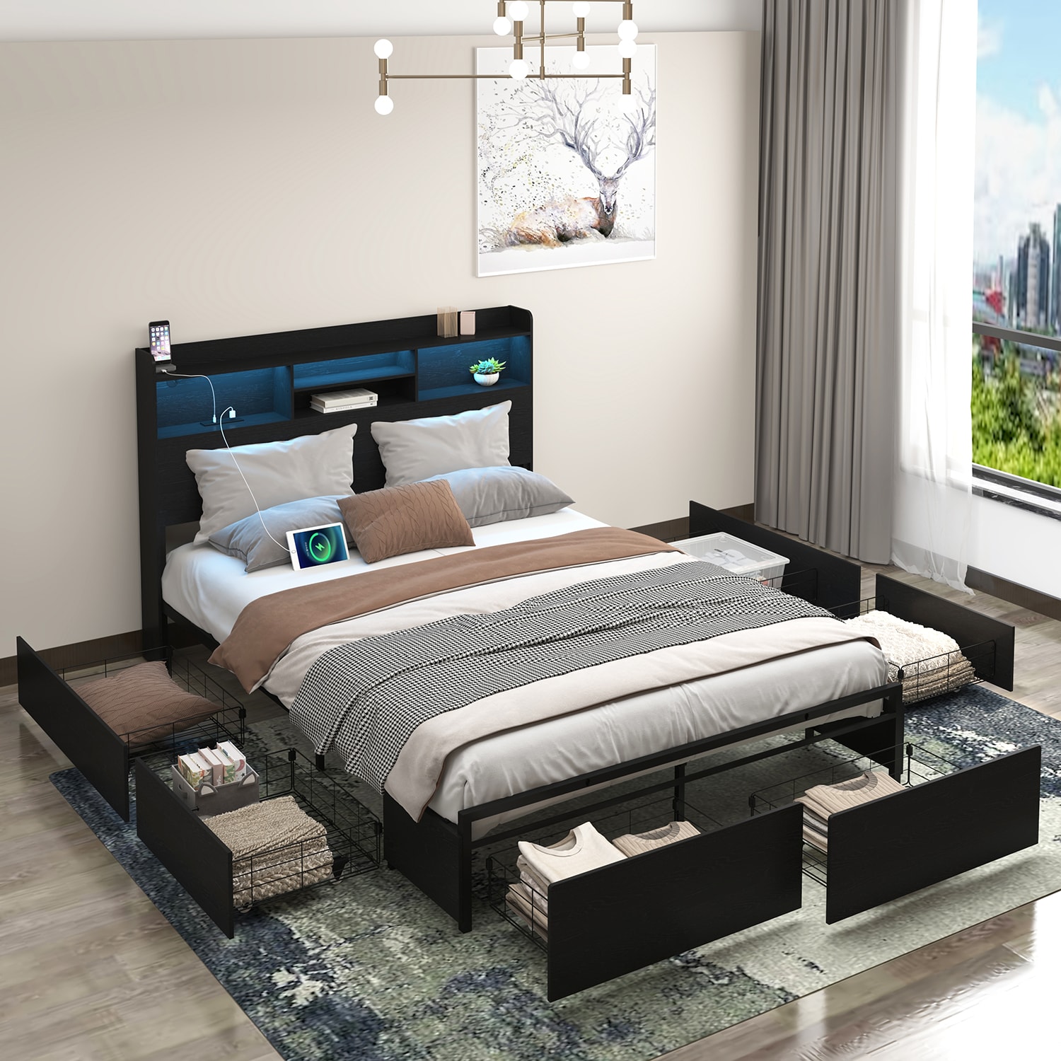 GZMR Full Black Metal Bed Frame Storage with Headboard