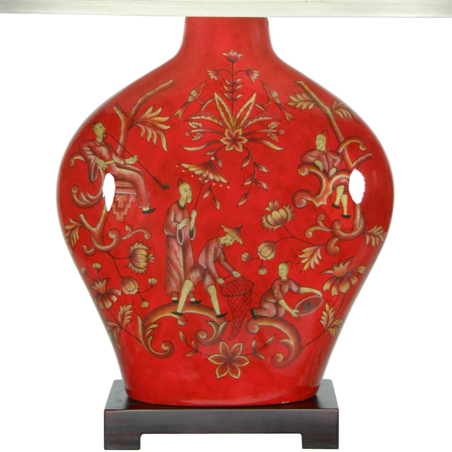 Red Porcelain Table Lamp with Off-White Shade, 27"