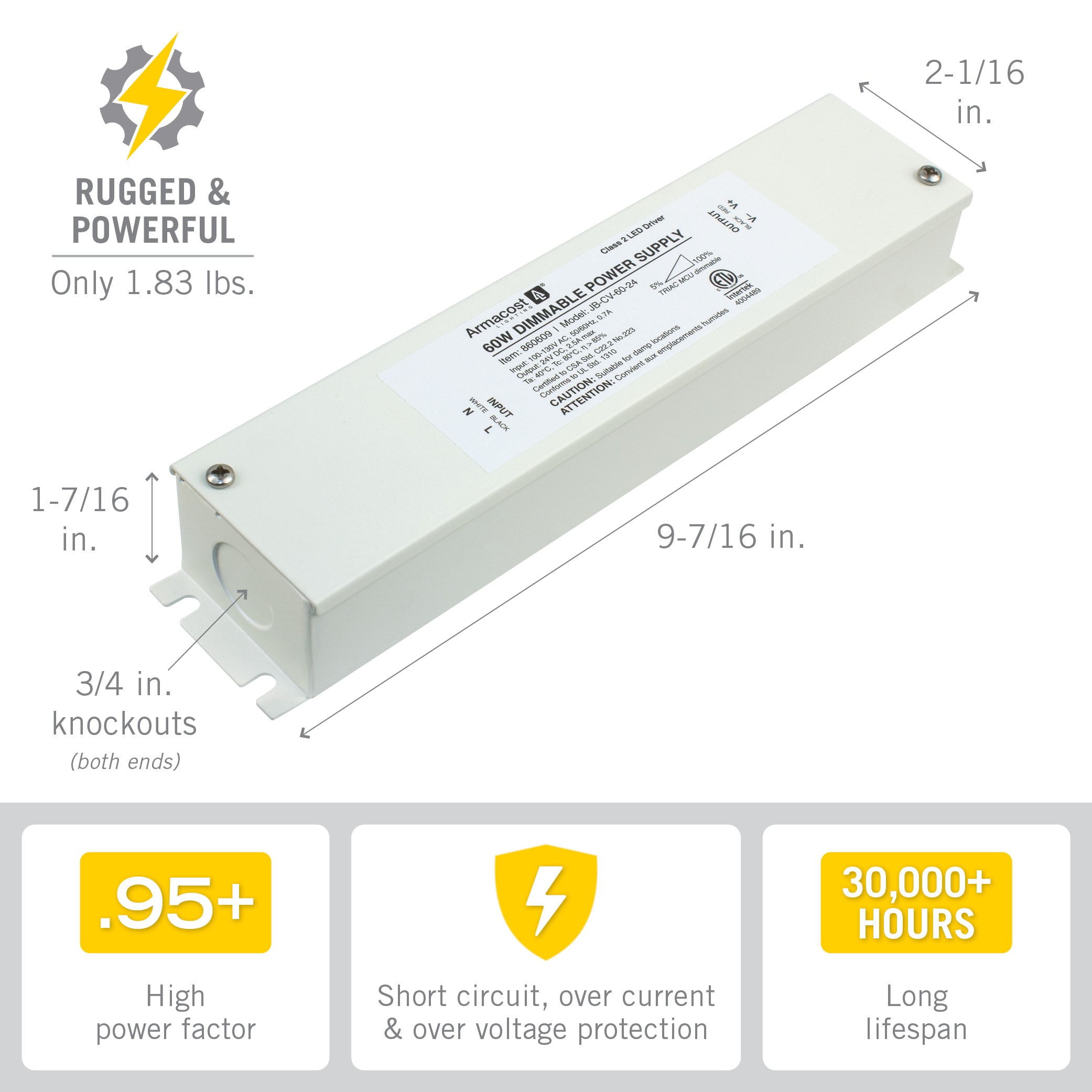 60W White Dimmable LED Driver with Enclosure