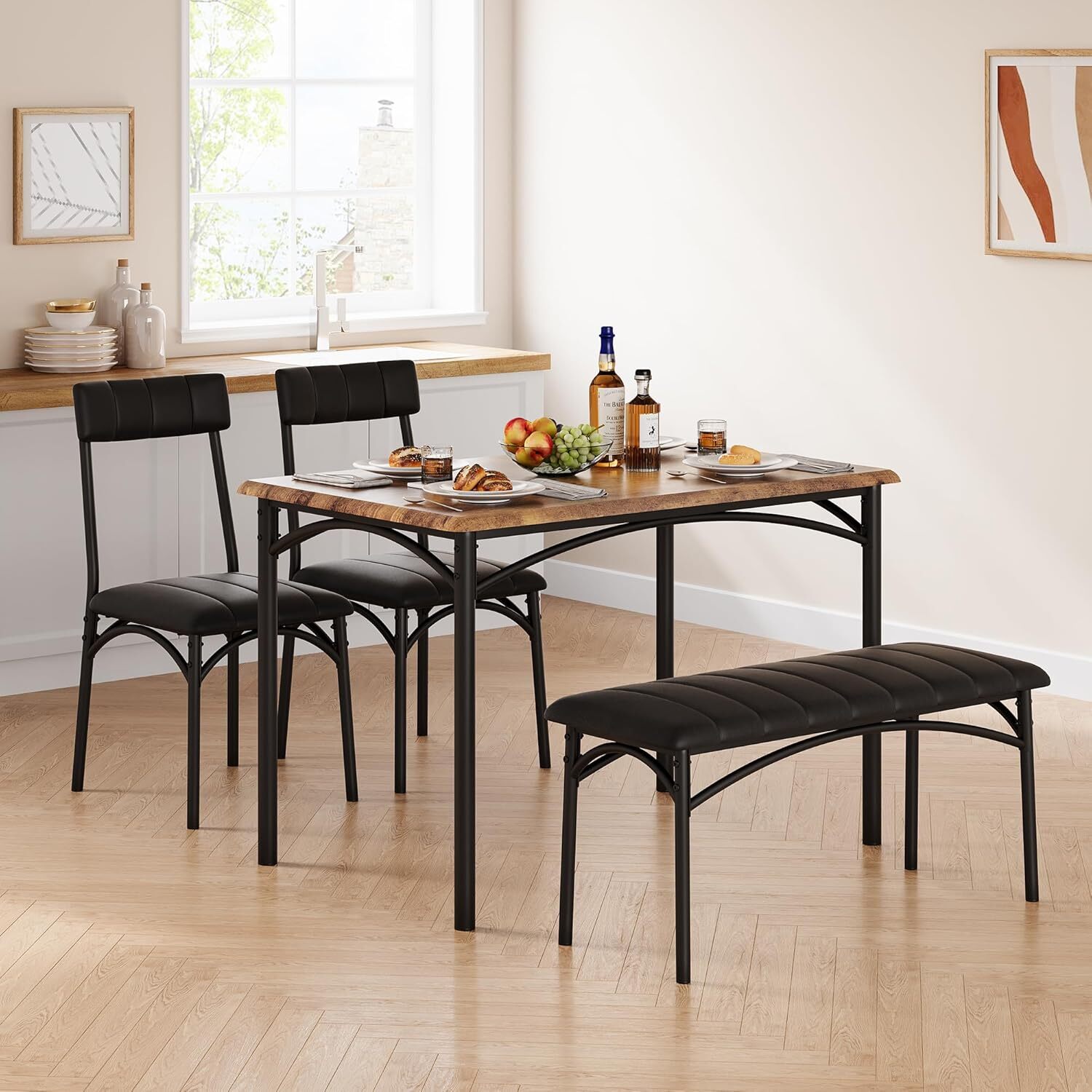 Dining Table Set for 4 Kitchen Table with Upholstered Chairs and Bench Wood Rectangular Dining Table and Chairs Set for Home Rustic Brown