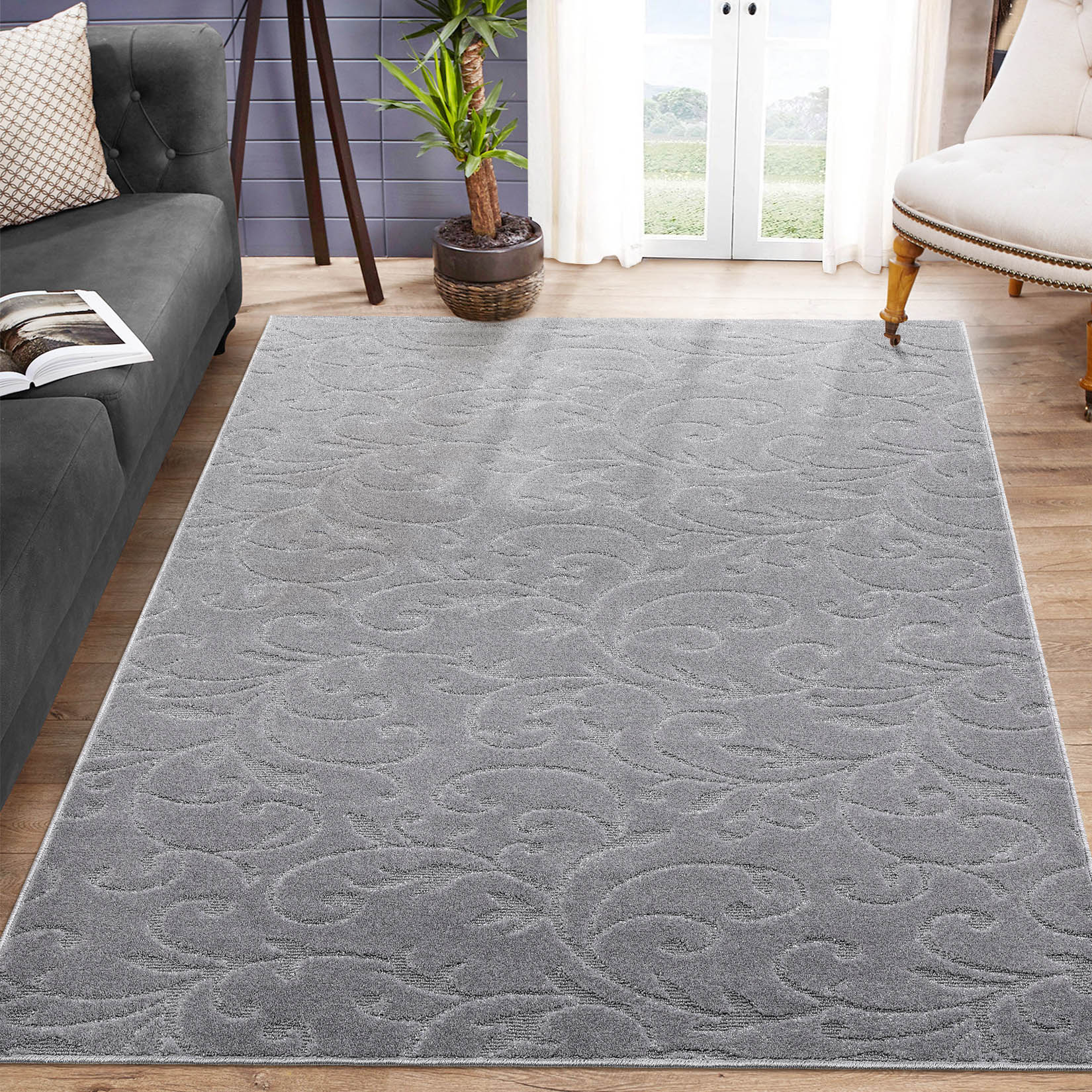 Garvee YXY-LO-PHO-0Z2ZNN3B 4 x 6 (ft) Loomed Light Gray Rectangular Indoor Floral/Botanical Tropical Machine washable Area rug