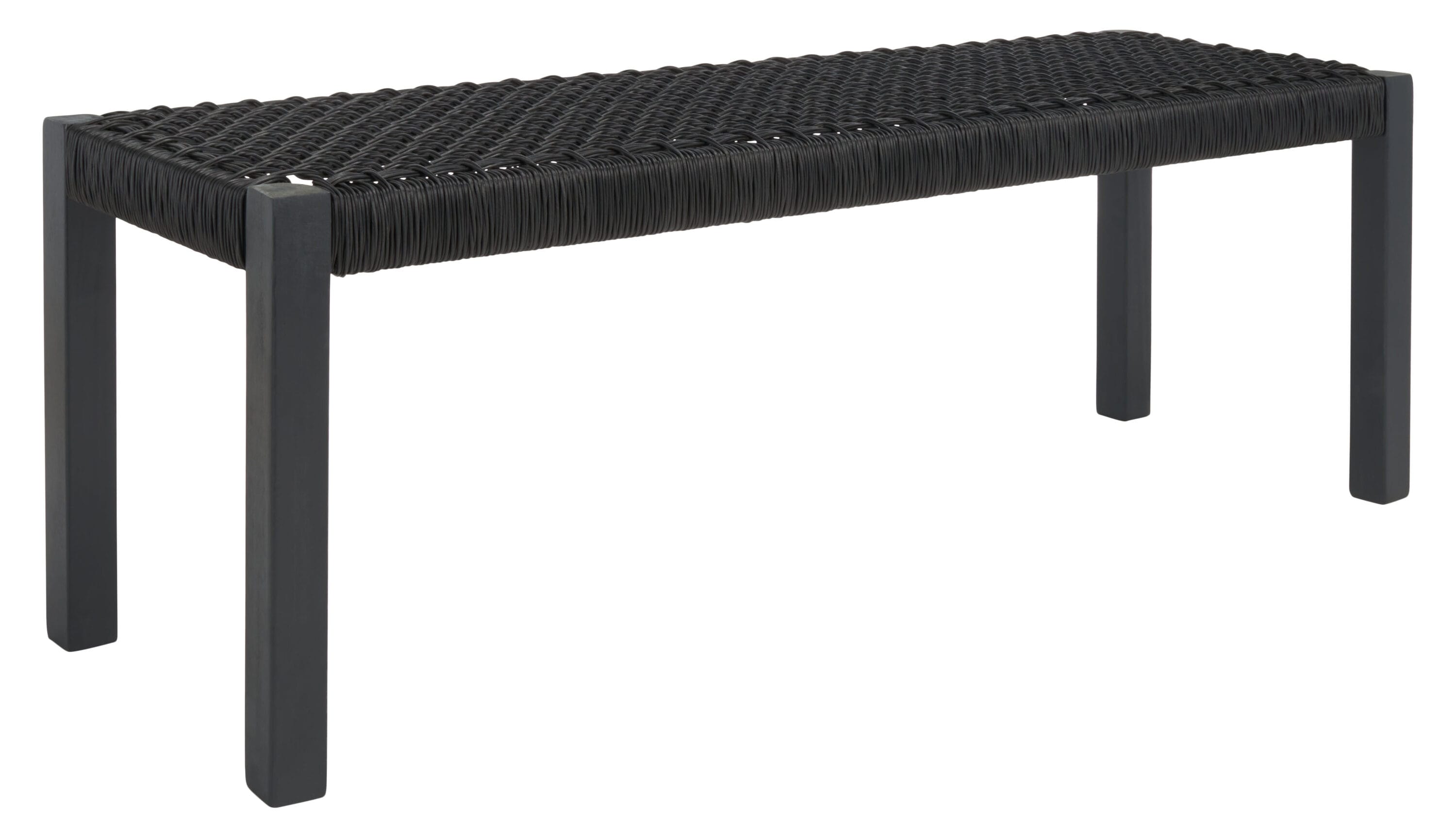Aquina Black Acacia Wood Dining Set with Woven Rattan Benches