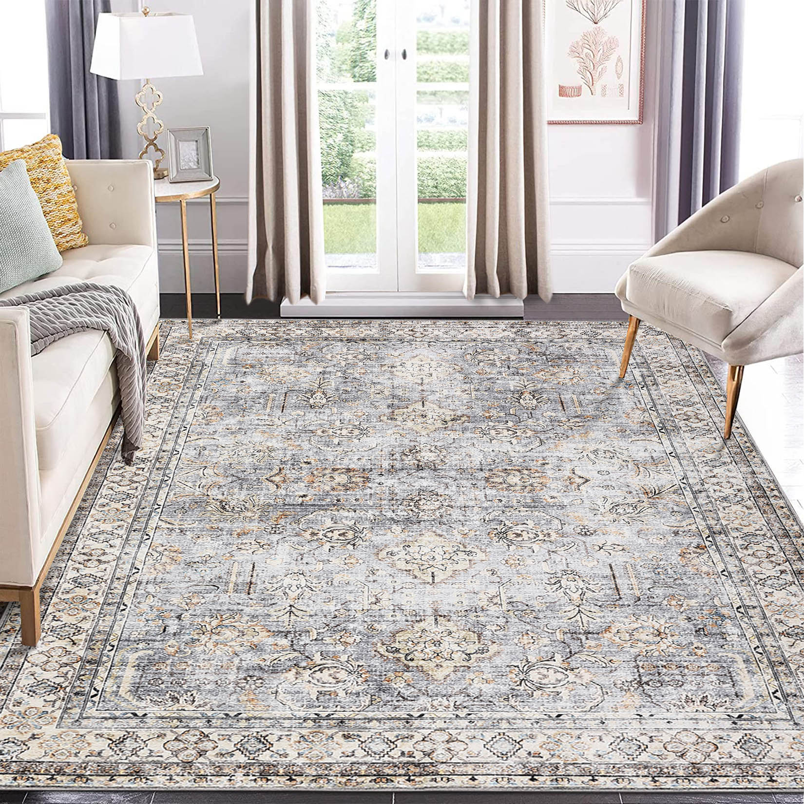 Garvee YXY-LO-PHO-0ZTA28WE 10 x 13 (ft) Loomed Blue/Gray Rectangular Indoor Floral/Botanical Persian Machine washable Area rug