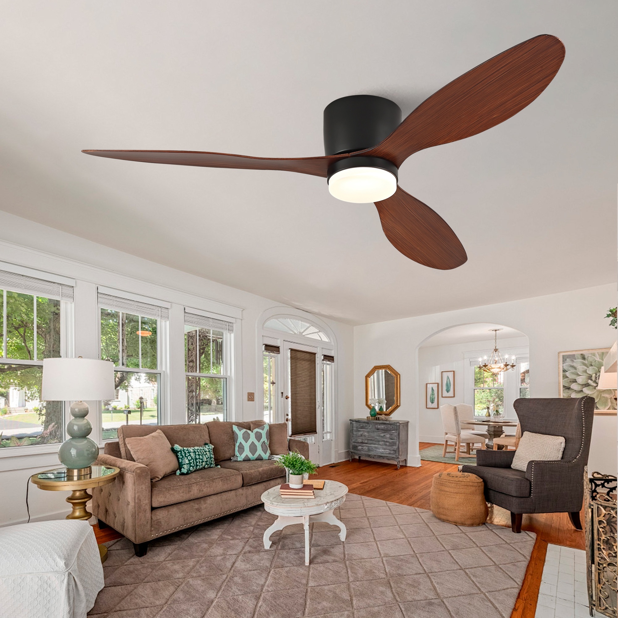 HyperDrop Cart 52-in Low Profile Flush Mount Ceiling Fan with Lights Remote 3 ABS Blades 6 Speed Reversible DC Motor Noiseless for Bedroom Indoor Outdoor Black and Walnut #B-I0K4J87D9M2O