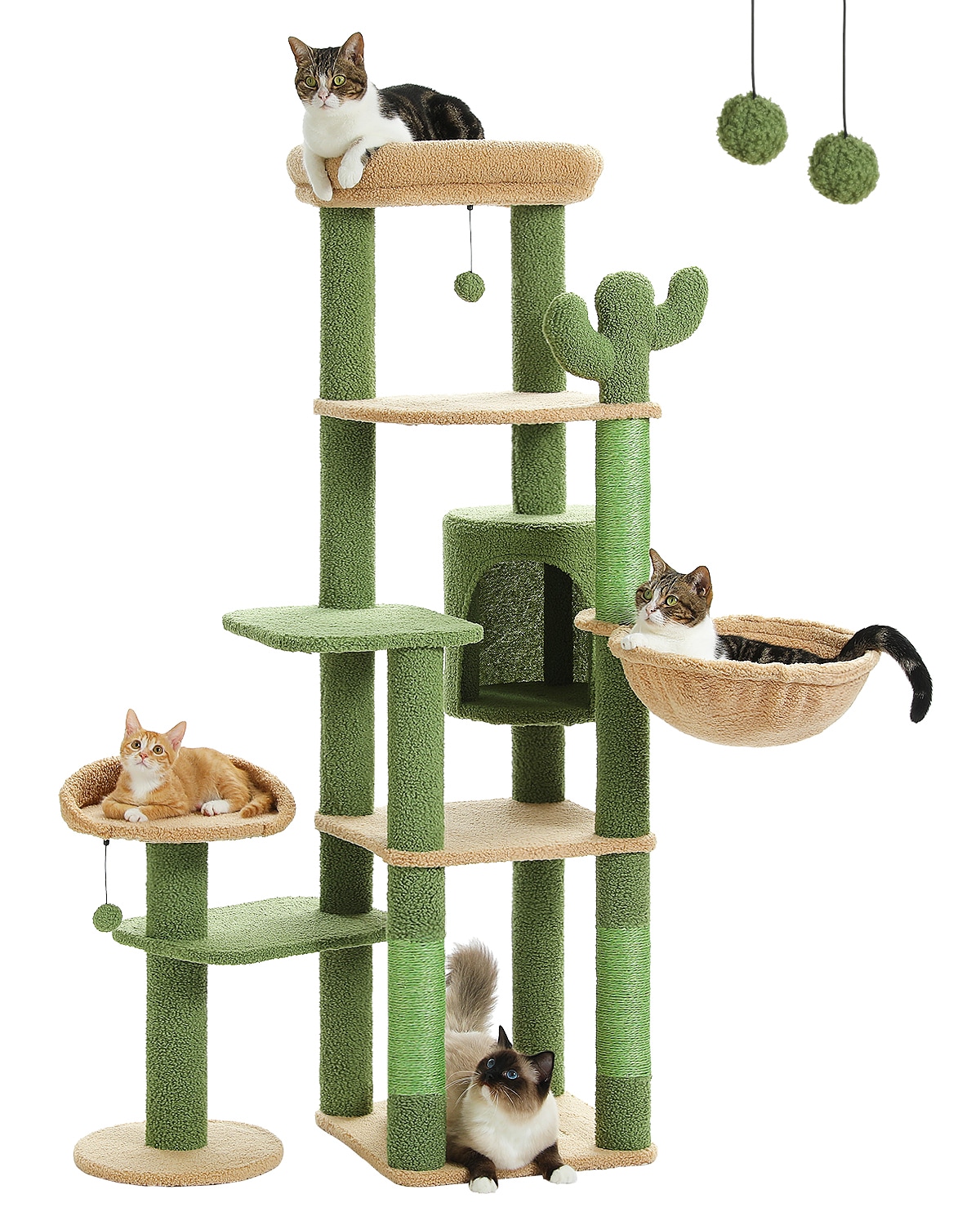 Cenadinz 59 Inch Cactus Cat Tree for Large Cats with Large Hammock Cat Condo Scratching Posts 2 Perches and Removable Pompom Toys Green
