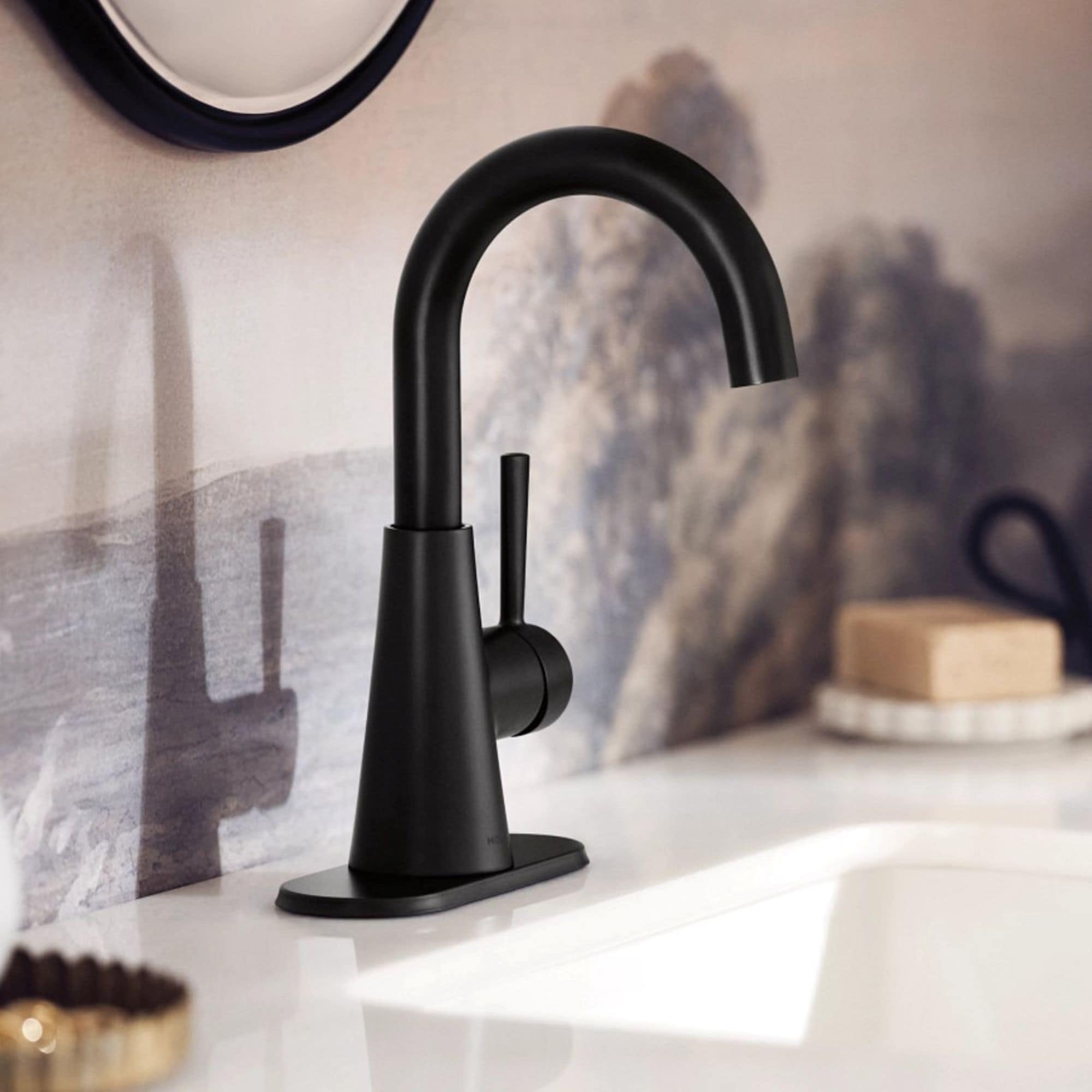 Moen 84021BL Ronan Matte Black Single hole 1-handle WaterSense High-arc Residential Handle Bathroom Sink Faucet with Drain with Deck Plate