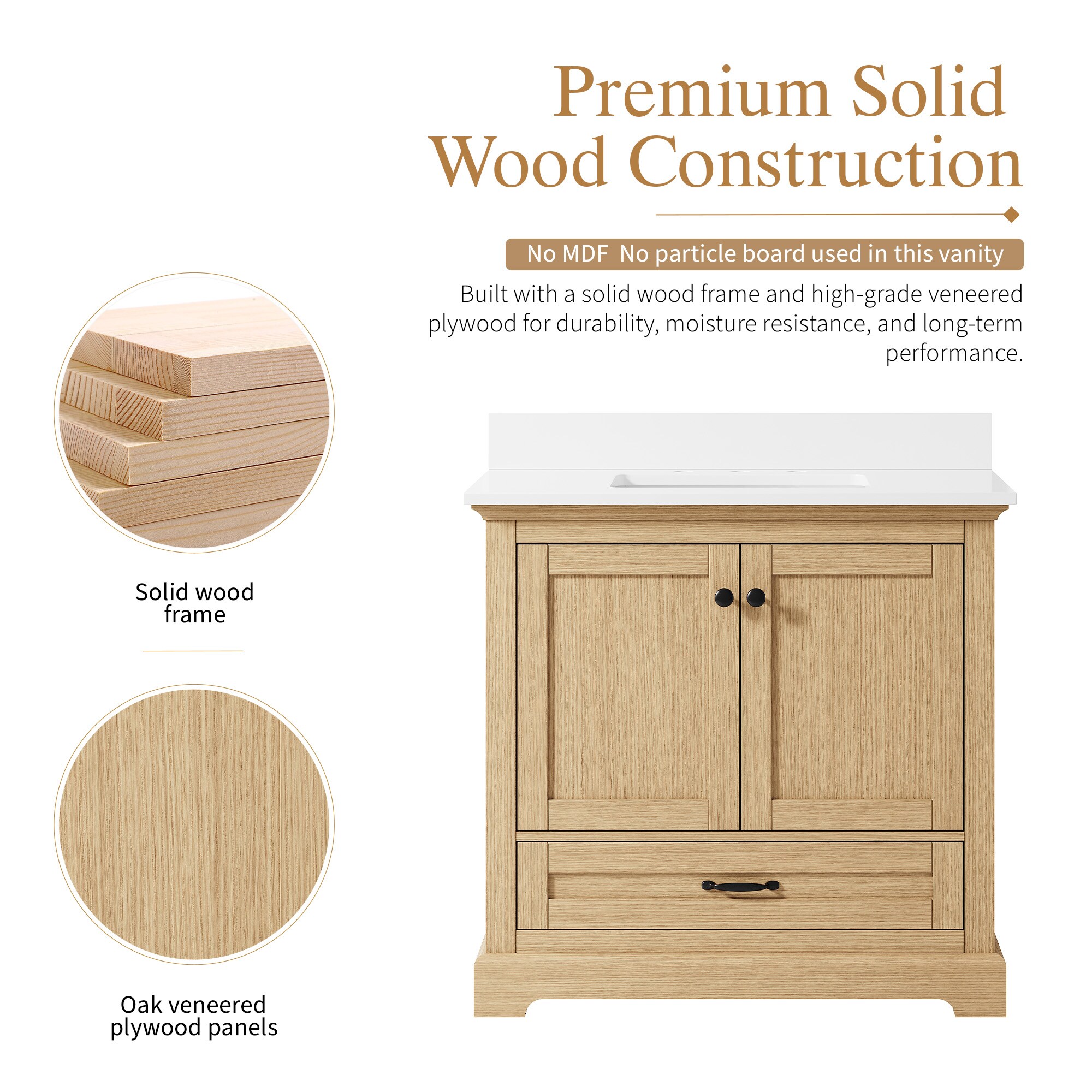 WELLFOR LVD Solid Wood Bathroom Vanities with Top 36-in Oak Matte Black ...
