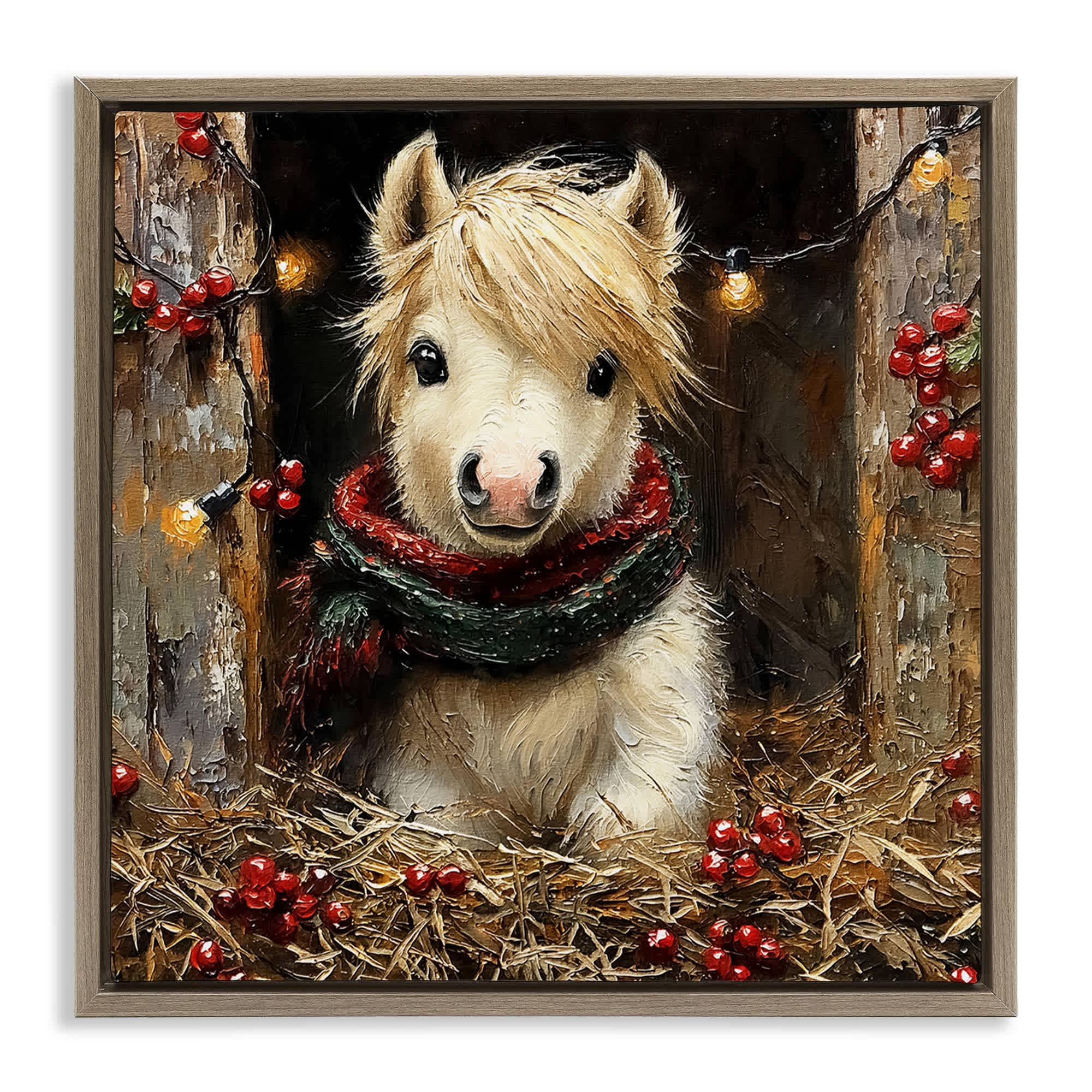 Stupell Industries BT-934-FFE-24X24 Horse Foal with Holly and Lights Brown Framed Floater Canvas Wall Art By Riley B 25 x 25