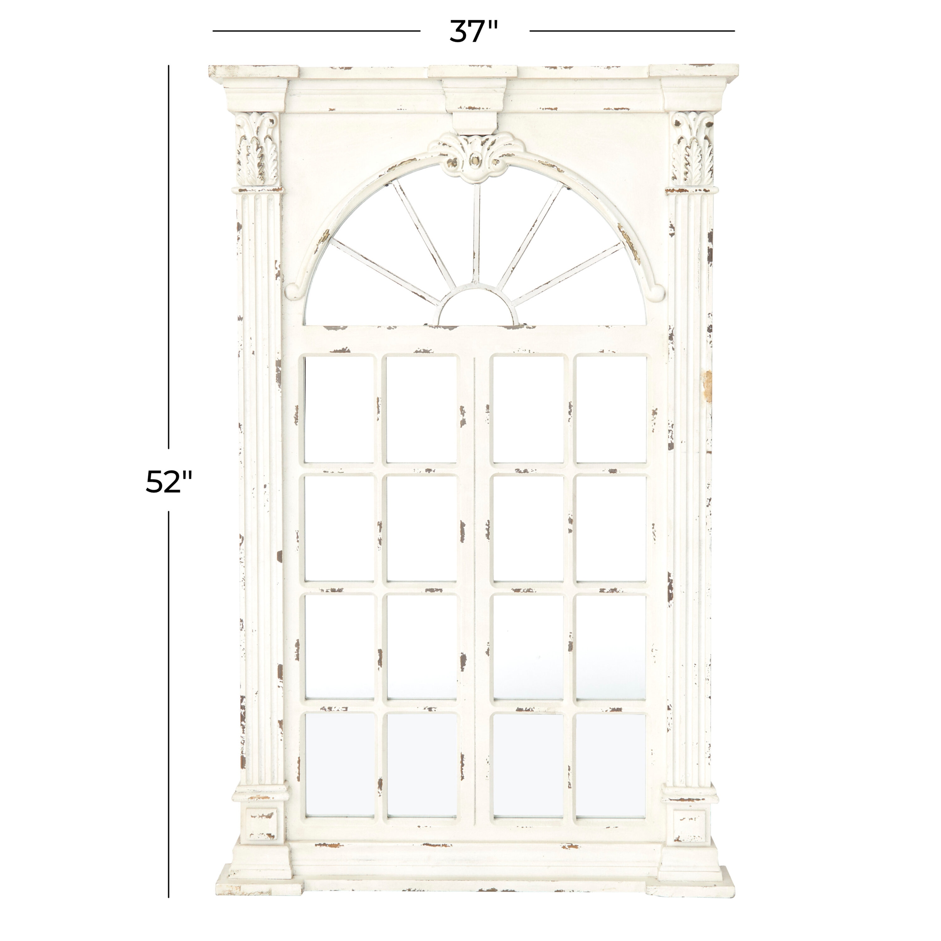 Cream Wood Windowpane Arched Wall Mirror with Distressed Finish