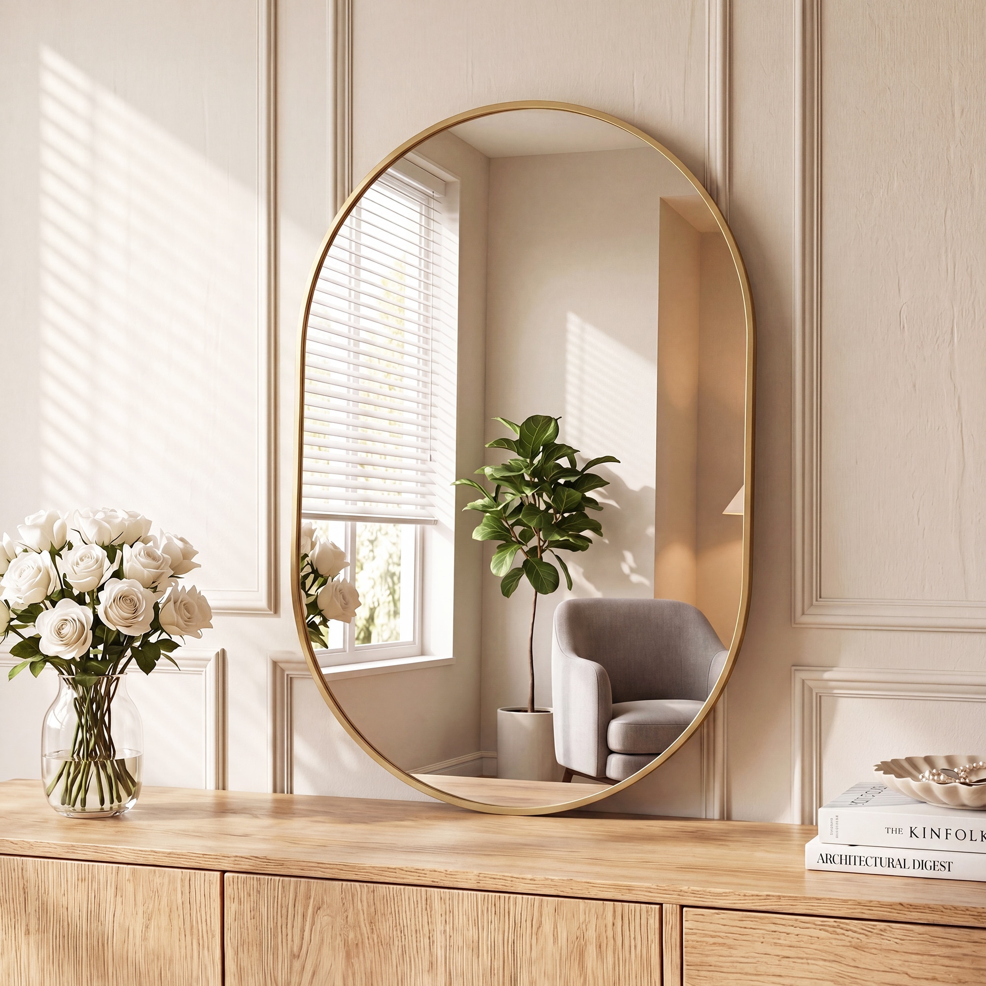 Sweetcrispy 24-in W x 36-in H Modern Oval Brushed Gold Framed Wall Mirror
