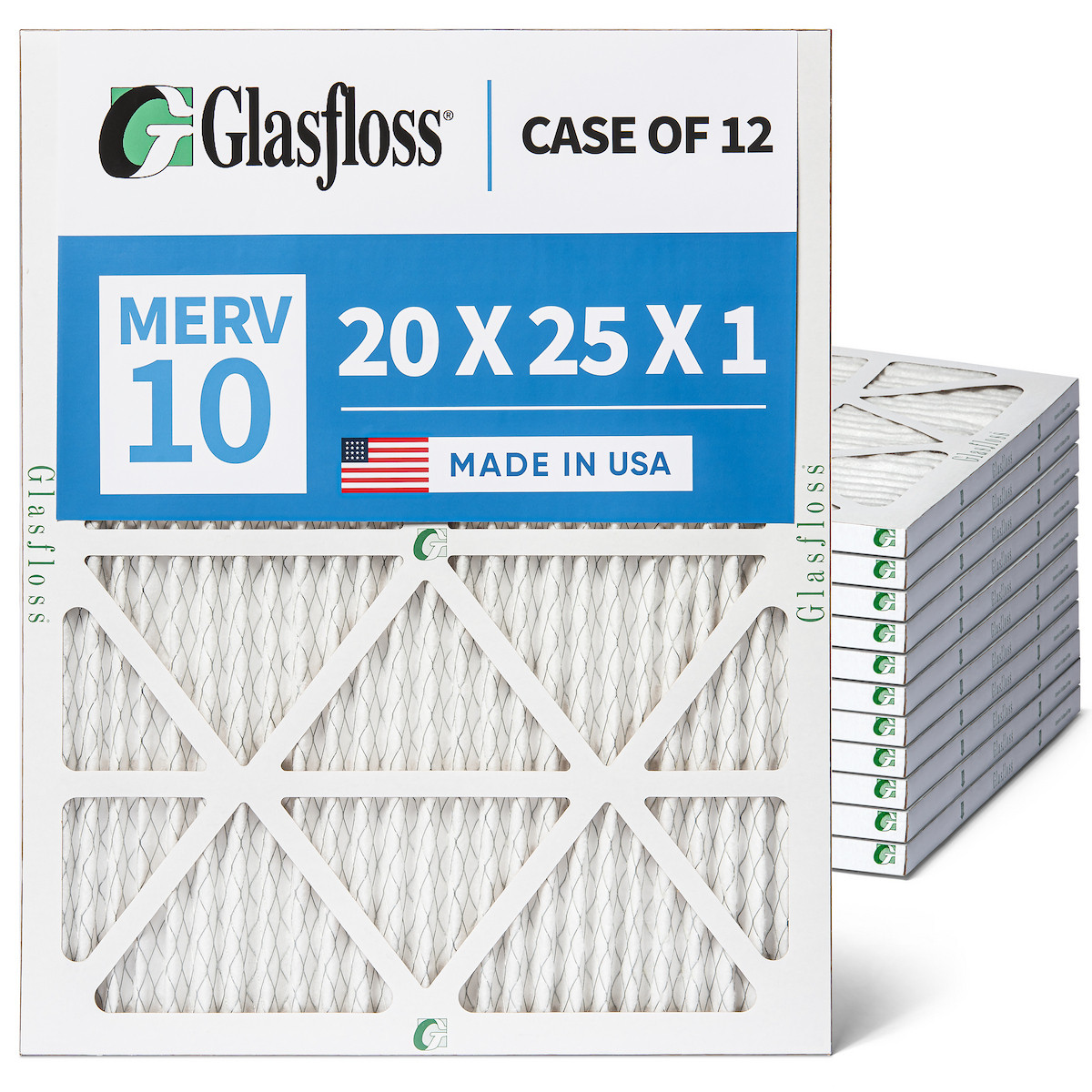 Glasfloss  ZL 20x25x1 MERV 10 AC Furnace Air Filters. Case of 12. Actual Size: 19.50 x 24.50 x .88