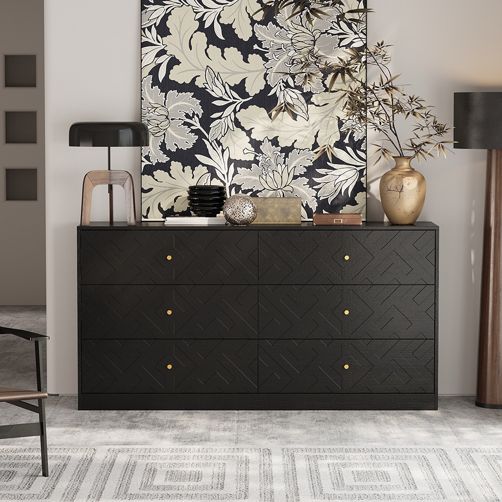 Homsee V-KF200287-01 Black 6-Drawer Dresser Cabinet with Carved Vacuum-Molded Fronts and Gold Cone Handles Embossed Finish Storage Chest