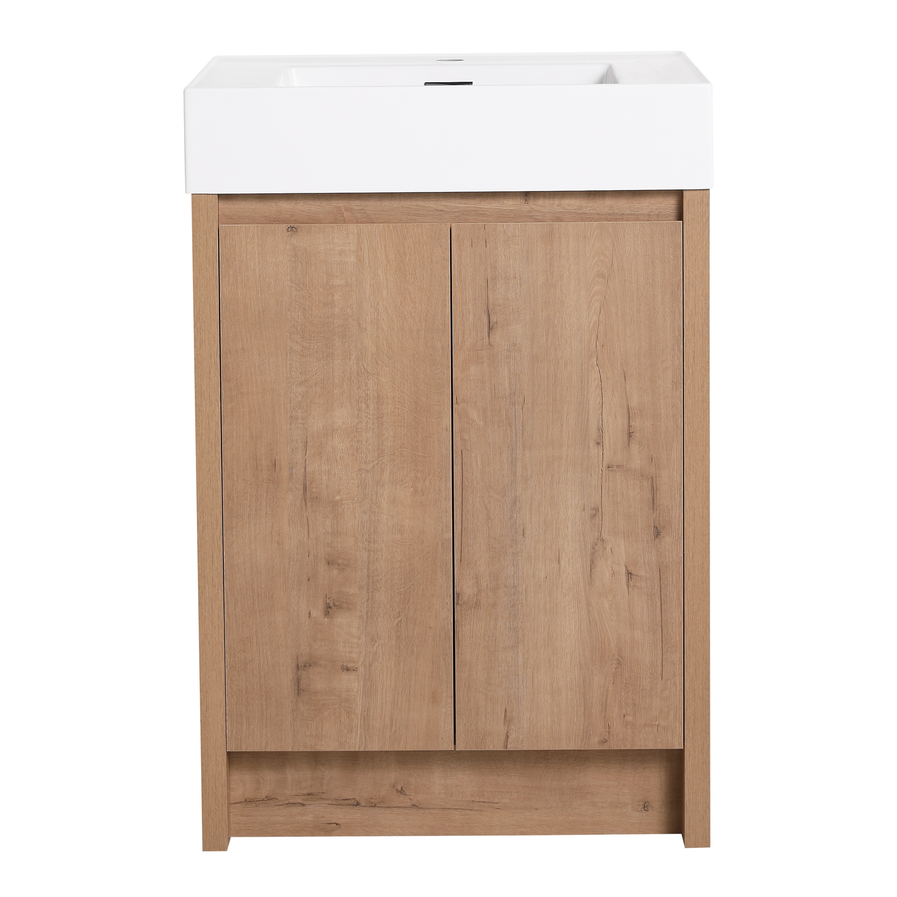 WELLFOR GLEM-S00034 24-in Imitative Oak Single Sink Bathroom Vanity with White Solid Surface Top