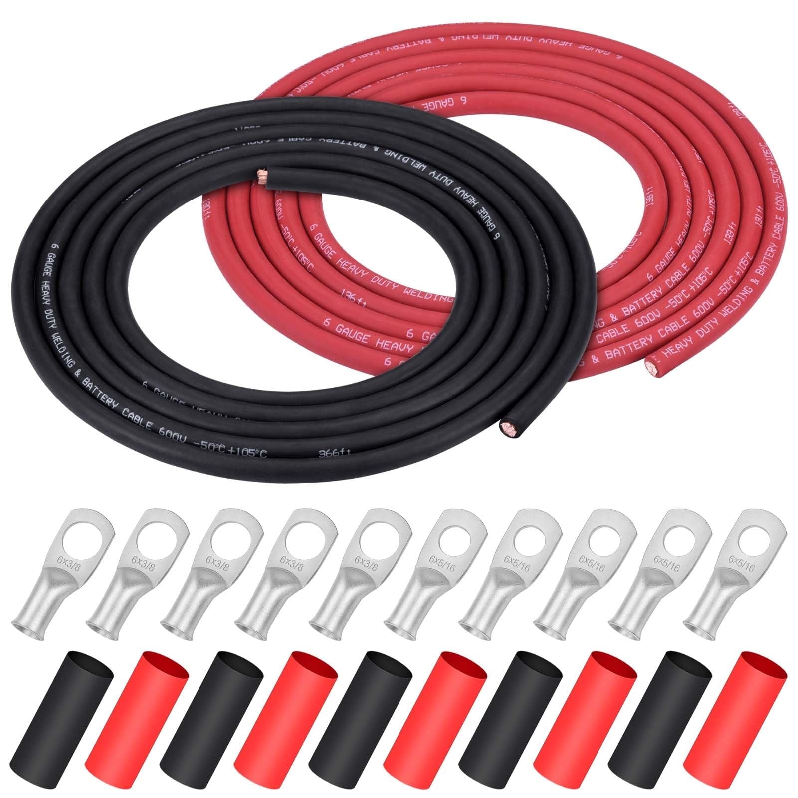 Misopily  6 AWG 10 ft Red and 10 ft Black Pure Copper Welding Cable Kit with 5pcs 516 and 5pcs 38 Copper Lugs 10pcs Heat Shrink Tubing