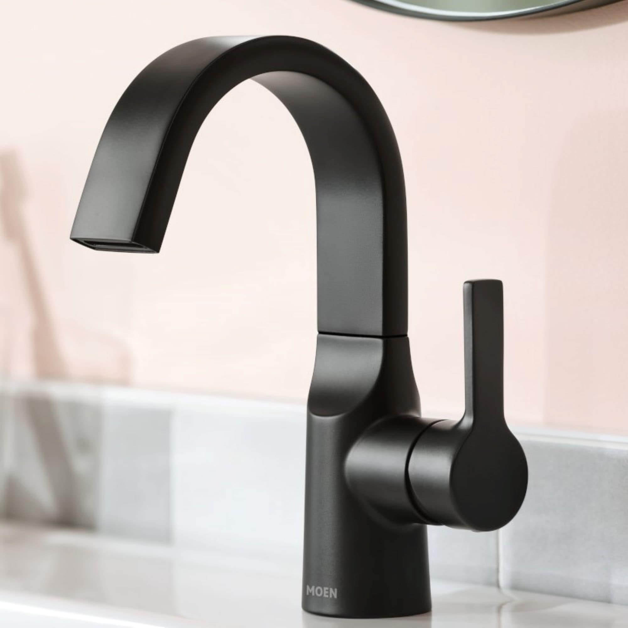 Moen 84156BL Avri Matte Black Single hole 1-handle WaterSense High-arc Commercial/Residential Handle Bathroom Sink Faucet with Drain with Deck Plate