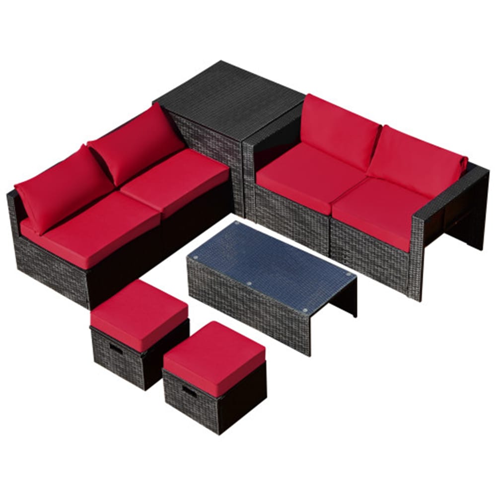 LIVIZA OUJ72076RE-X Rattan Outdoor Sectional with Red Cushions and Rattan Frame