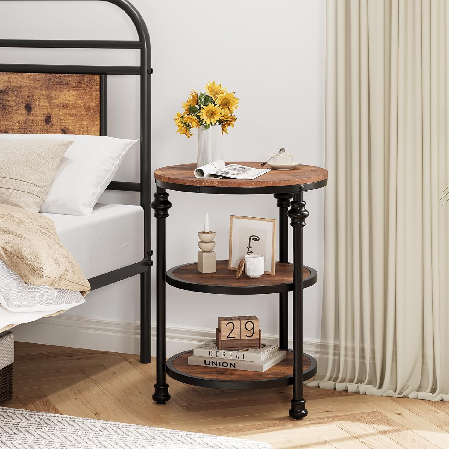 Qeetex TTTPHO0Y1J7QE3 Round Side Table with Three Shelves Brown Elegant Coffee Table for Small Spaces High Load Capacity Easy to Assemble Brown