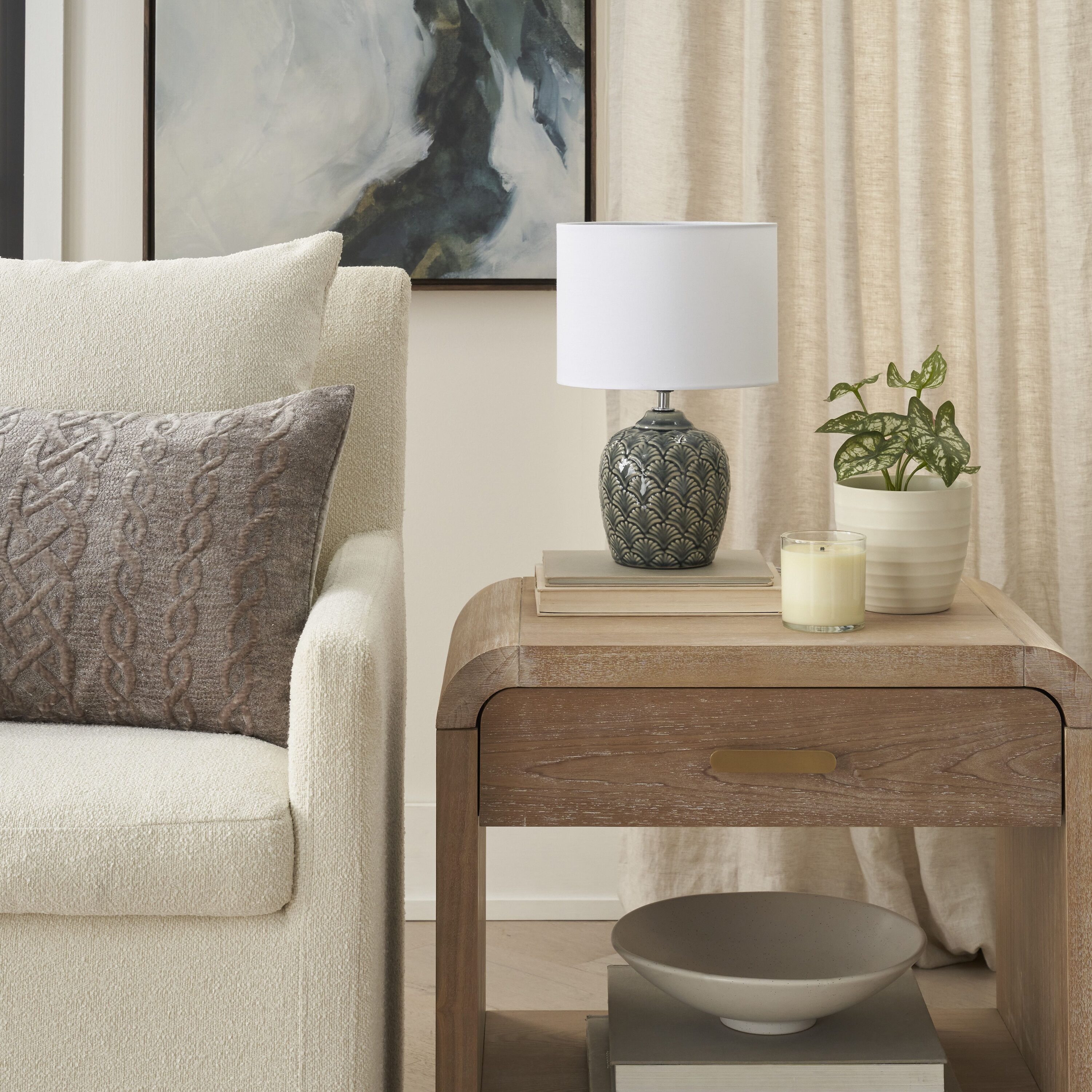 Nourison  13-in Grey Carved Motif Ceramic Accent Table Lamp