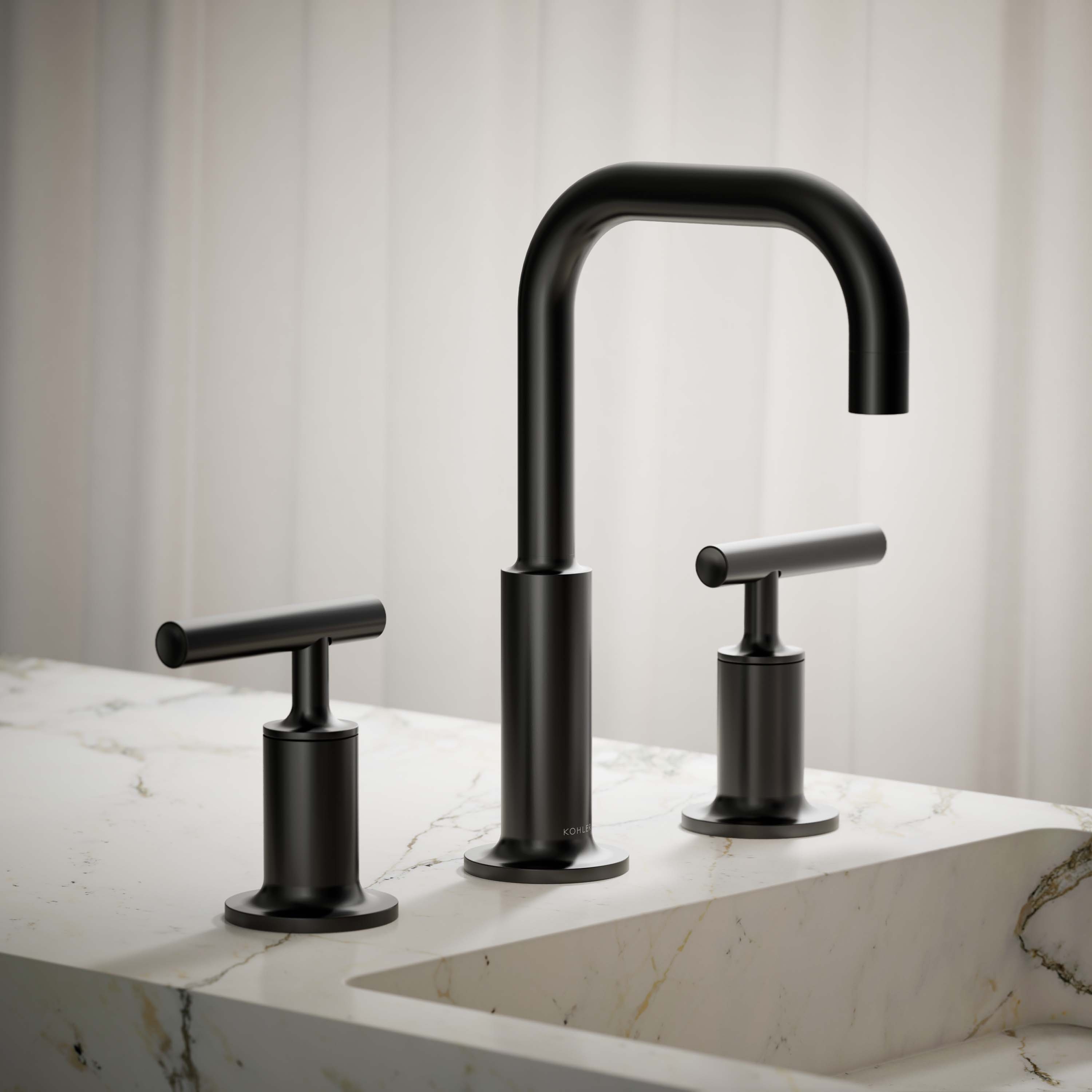 KOHLER Purist Matte Black Widespread 2-handle WaterSense Low-arc Residential Handle Bathroom Sink Faucet with Drain