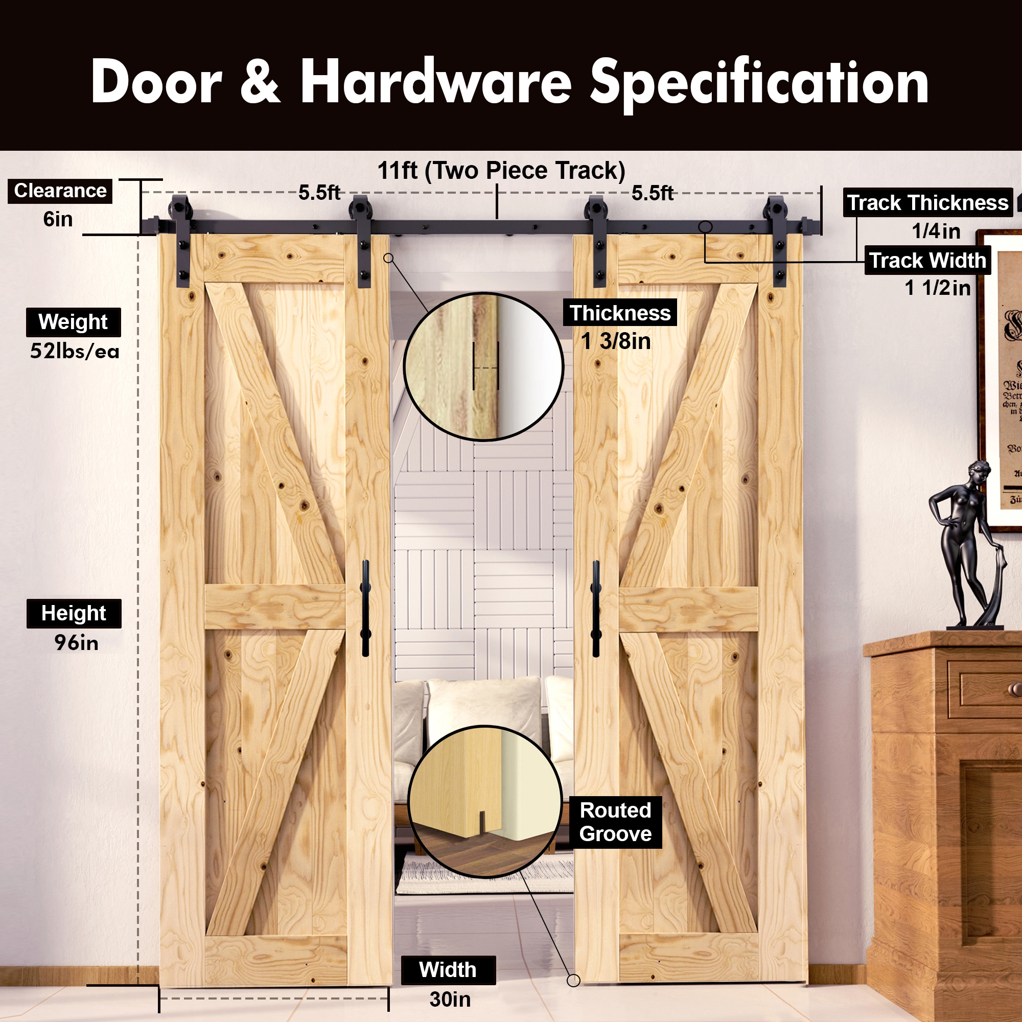 HOMACER YT2TGH132C-3096-FR Barn-Doors - View #2