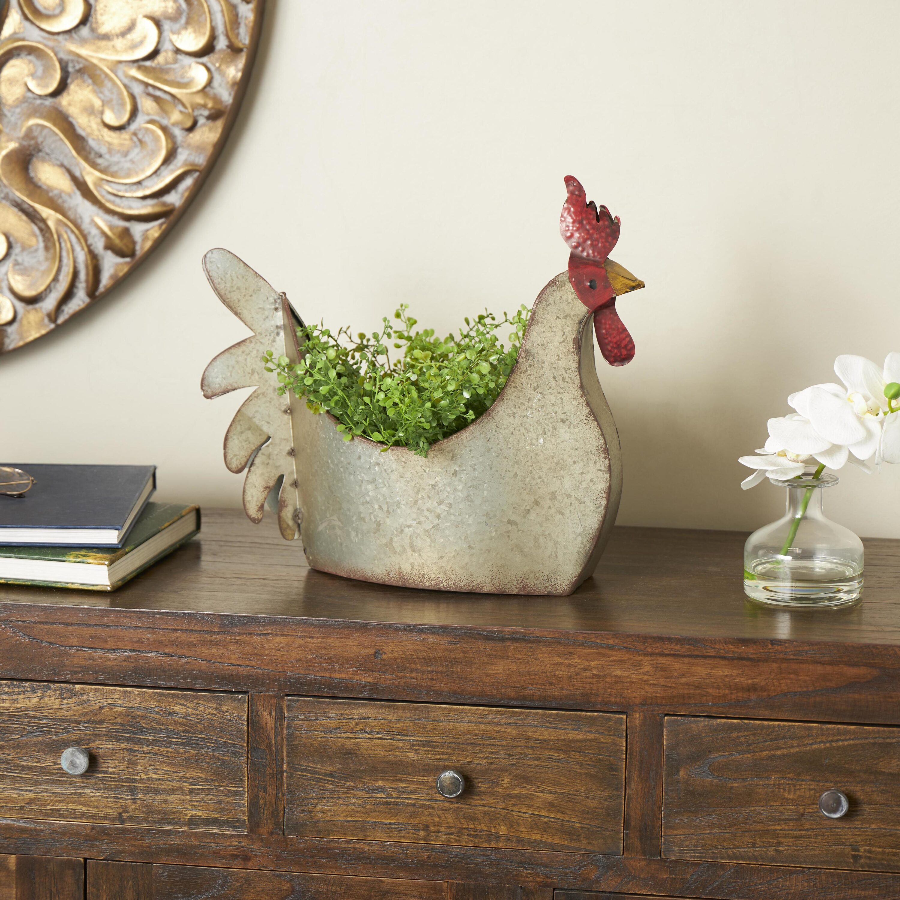 Gray Metal Rooster Novelty Planter for Indoor/Outdoor Use