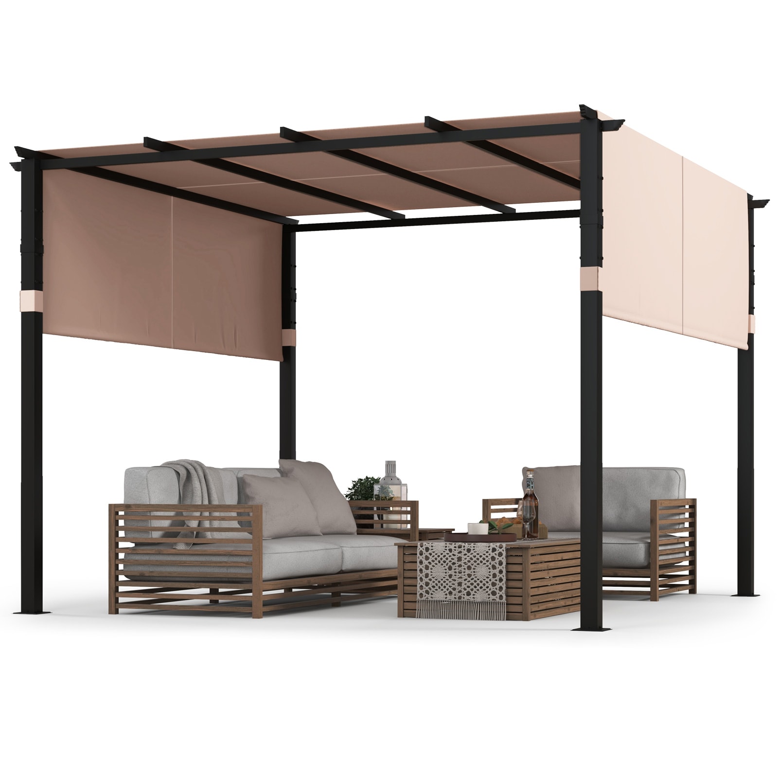 Slickblue D-CO-+EB08711PN Outdoor Pergola 10 ft x 10 ft x 7 ft Metal Pergola Canopy Included Beige/ Gray