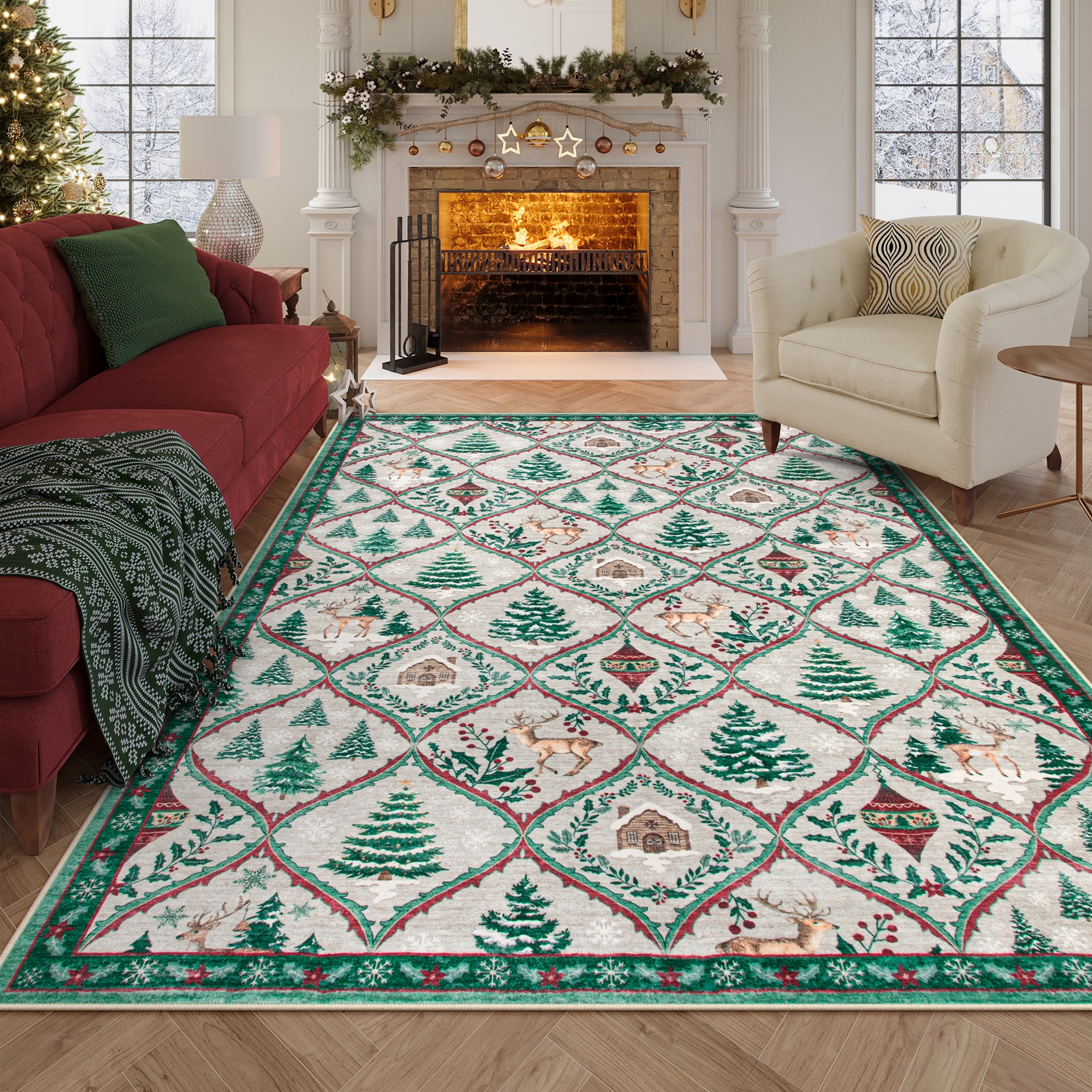 Lahome AR-ZZR-009-K3 5x7(ft) Khaki Washable Christmas Christmas Deer Tree Pattern Holiday Decor Non Slip Ultra Thin Soft Area Rug