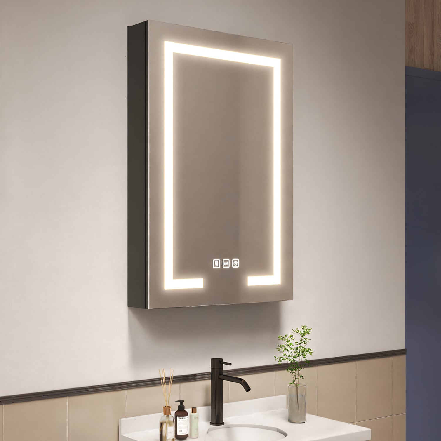 waterpar WPLO-2430R 24-in x 36-in Lighted LED Fog Free Surface/Recessed Mount Black Mirrored Rectangle Soft Close Medicine Cabinet with Outlet