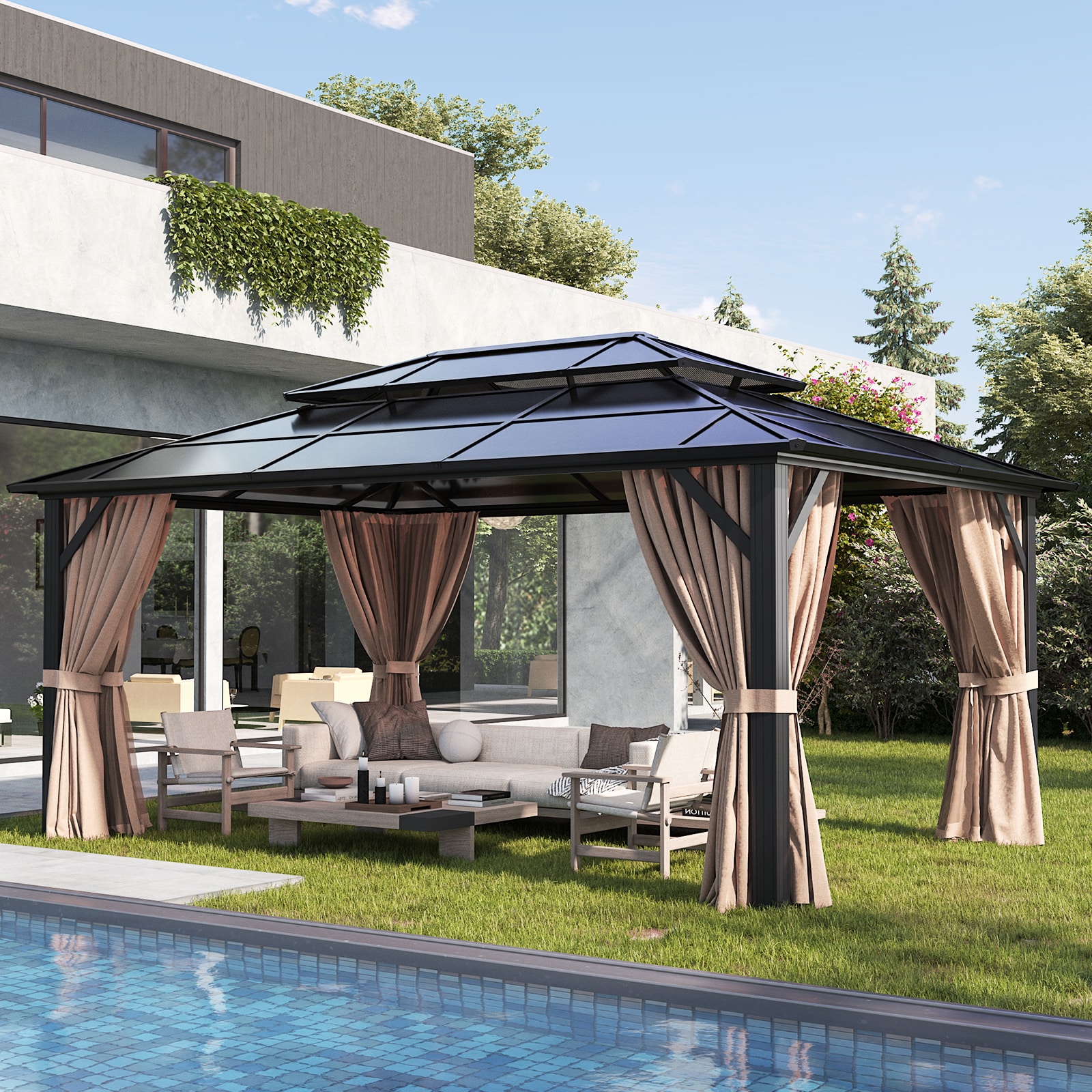 12' x 16' Beige and Black Aluminum Hardtop Gazebo