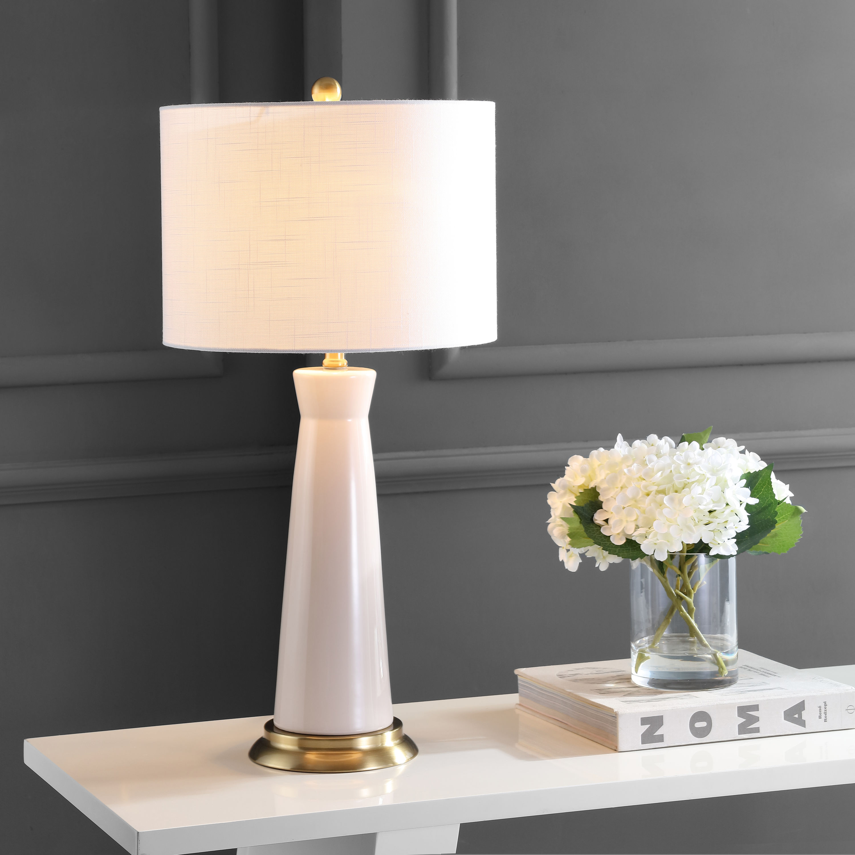 JONATHAN  Y JYL3046A Hartley Ceramic Column Transitional 29-in Cream LED Incandescent Rotary socket Table Lamp with Linen Shade