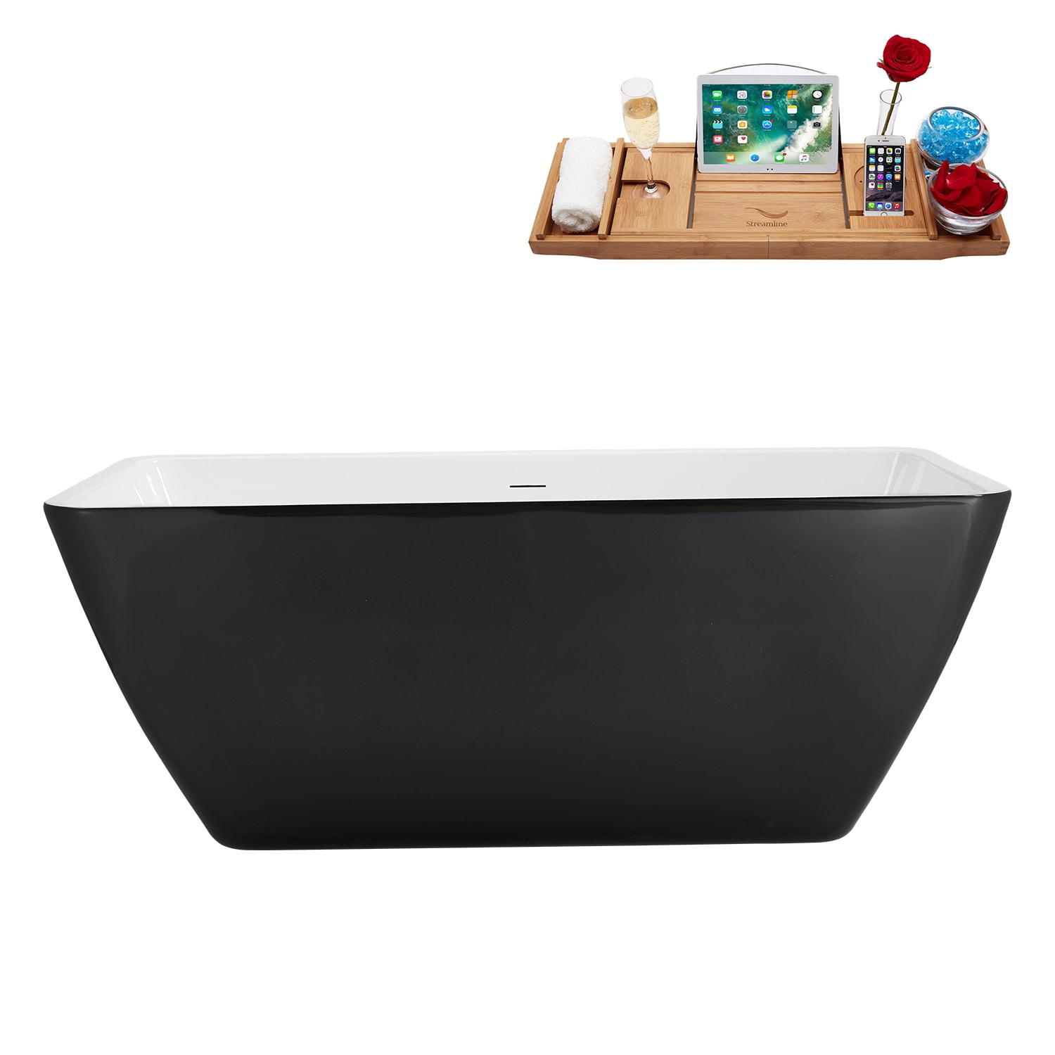 Streamline 29.5-in x 59.1-in Glossy Black Acrylic Rectangle Freestanding Soaking Bathtub ( Center Drain )