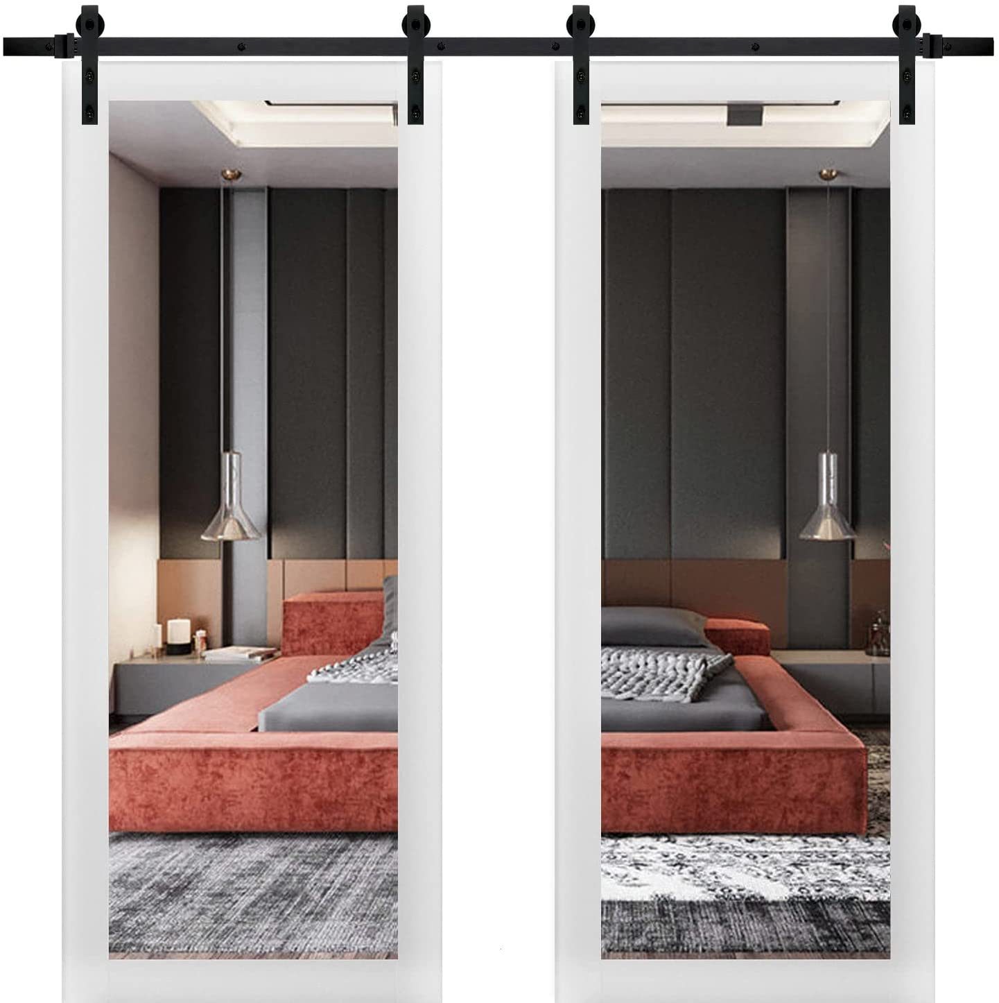 SARTODOORS LUC1299DB-WS-6096 60-in x 96-in White Silk Mirrored Glass MDF Double Barn Door (Hardware Included)