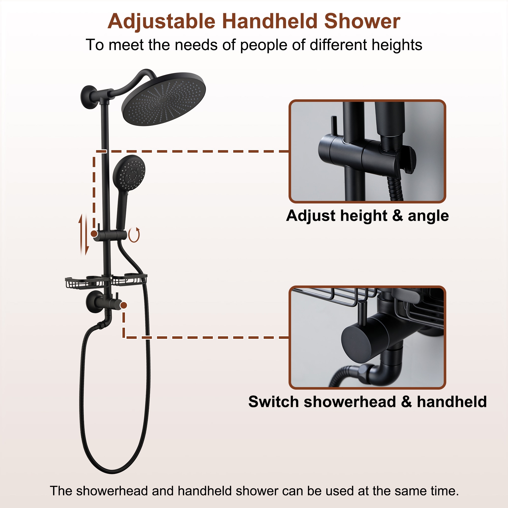 Mondawe Matt Black Shower Faucet Bar System With 2-way Diverter Valve ...