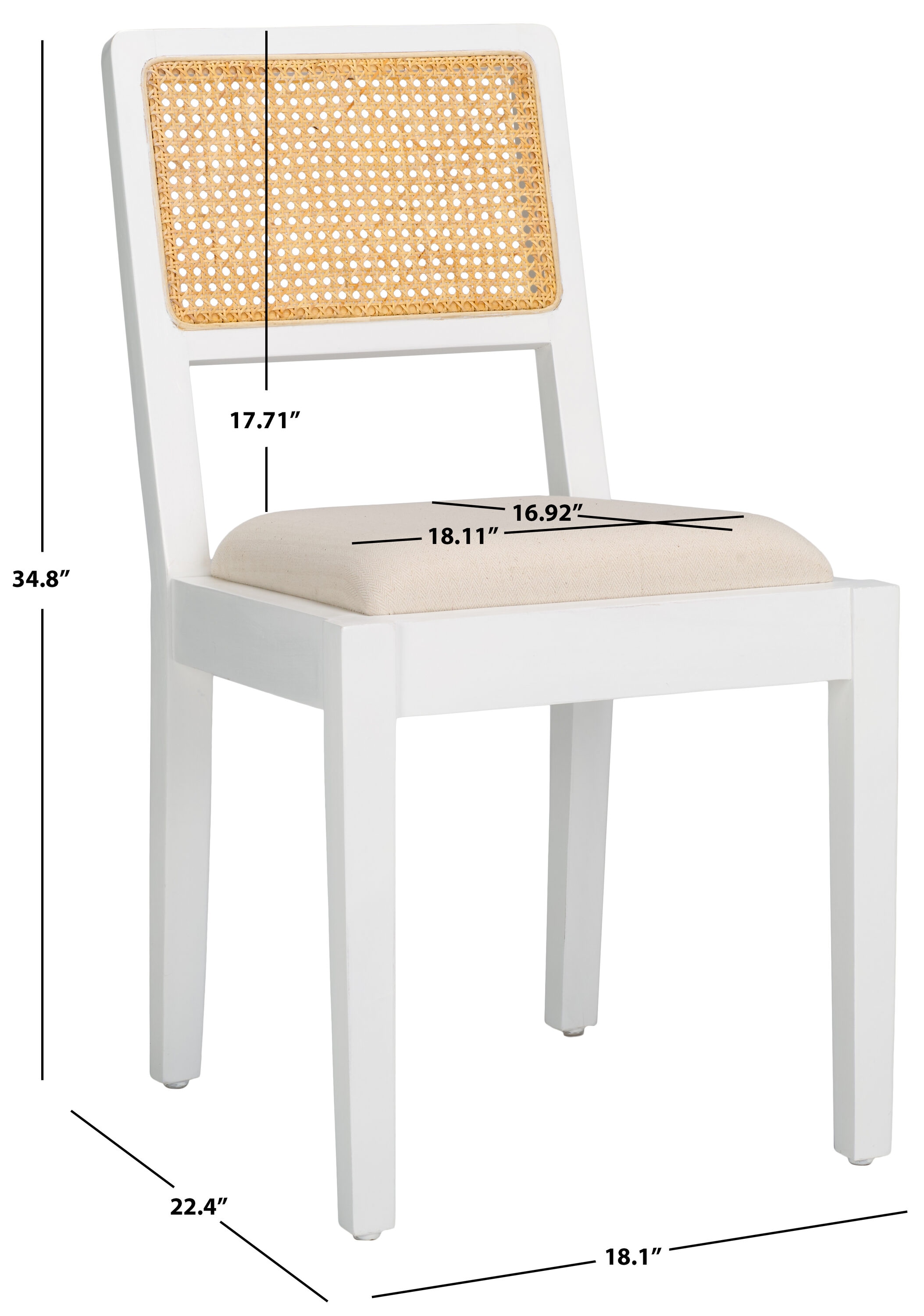 Suzetta White and Natural Pine Wood Side Chair with Rattan Backrest