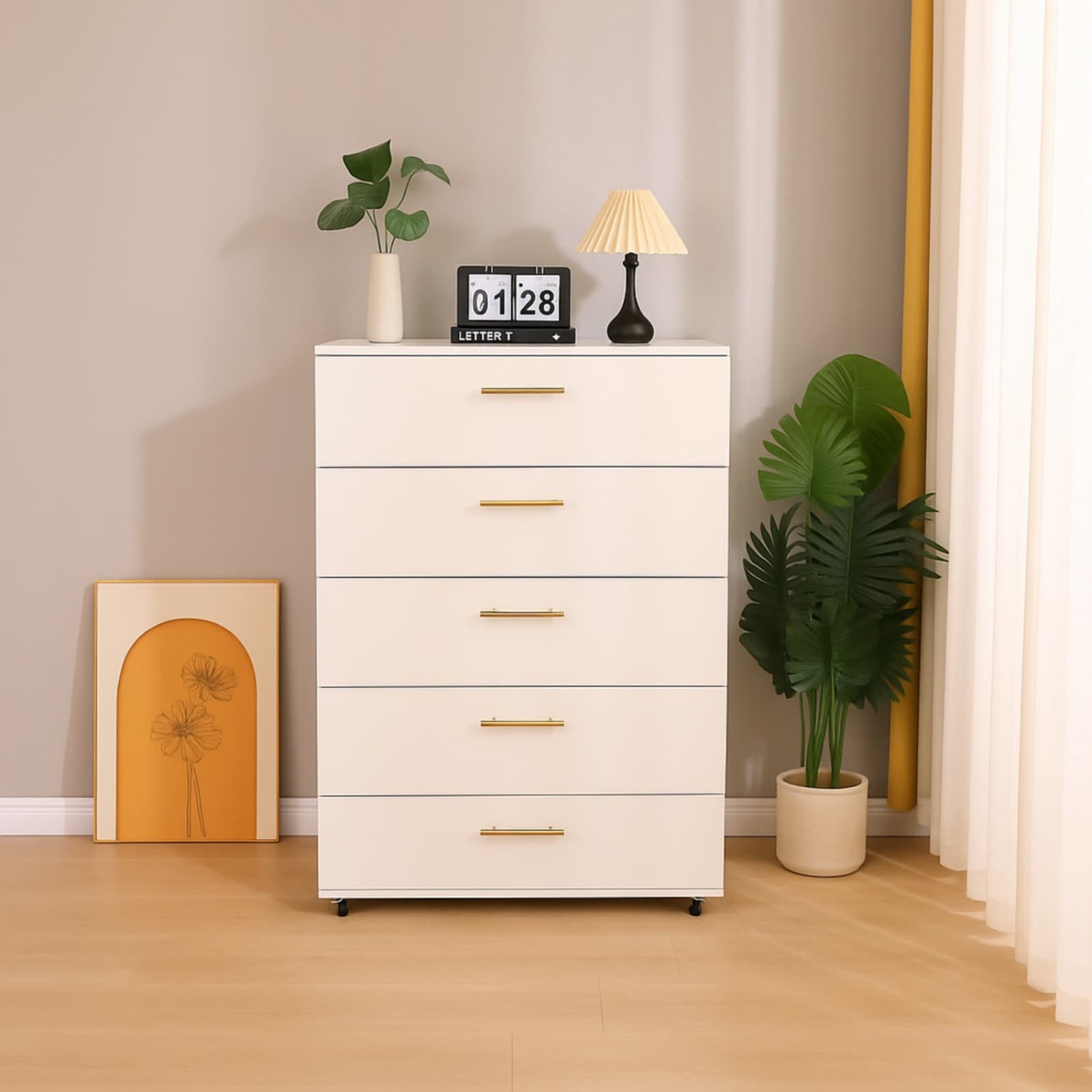 GlasFlength  30.71-Inch 5 Drawer Dresser on Wheels Dark Brown Rolling Chest of Drawers Mobile Storage Cabinet with Wide Drawers for Bedroom Closet