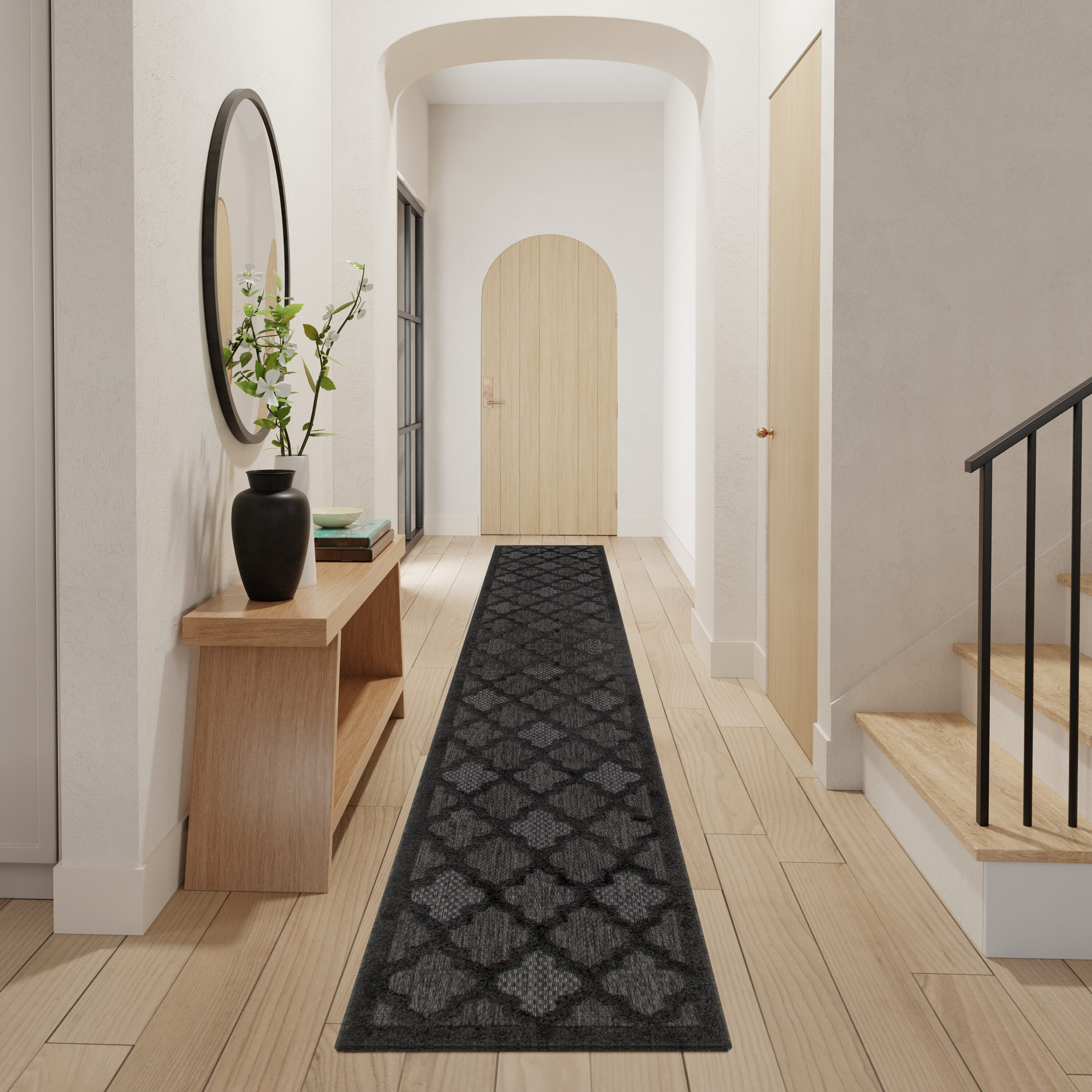 Nourison Home 099446934949 Easy Care 2 x 16 (ft) Polyester/Polypropylene Charcoal Black Rectangular Indoor/Outdoor Trellis Runner rug