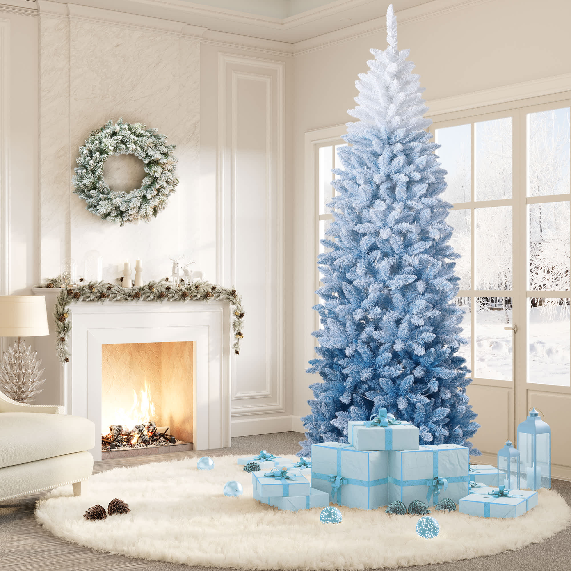Qeetex YJCJ-PHK-35HXUW8L 4.5ft Pre Lit Christmas Tree with 200 LED Lights Color Changing Snowflake and Berry Decor Elk Light Box Base Holiday Home Party Decoration 2PCS