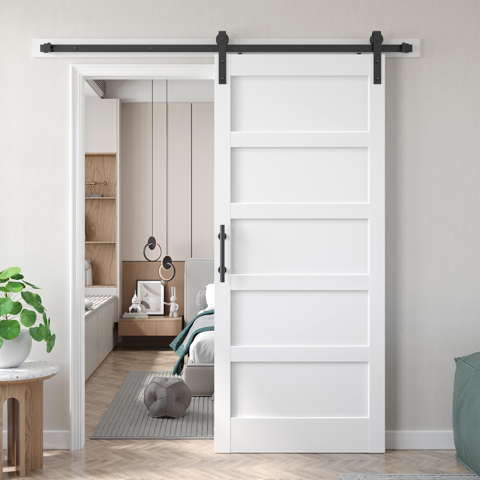 Phewnyzo  36x84 inch White Barn Door with 6.6FT Sliding Door Hardware Kit and Handle Solid MDF PVC Surface 5 Panel Fits 33in to 34in Opening