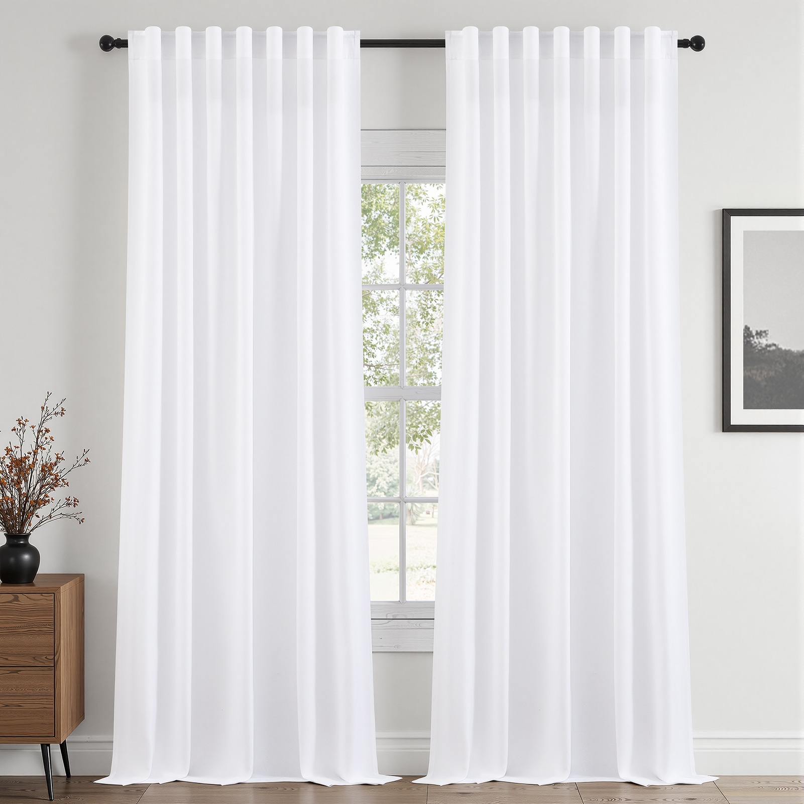 Topfinel 108-in White Boho Semi-sheer Back Tab Curtain panel pair
