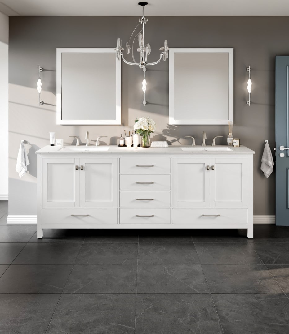 Eviva EVVN412-84WH Aberdeen 84-in White Undermount Double sink Bathroom Vanity with White Quartz Top