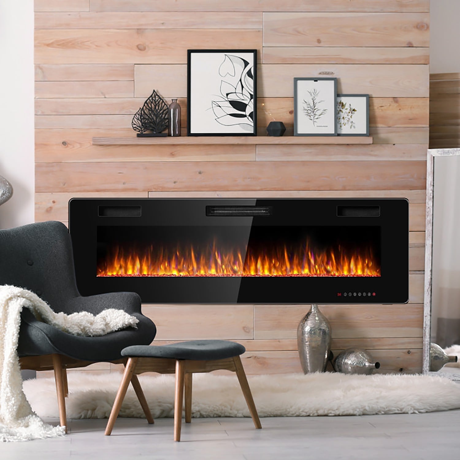 GZMR GZWF-EF72R 60-Inches W Black Wall mount LED Wall-mount Electric Fireplace with Remote Control Included