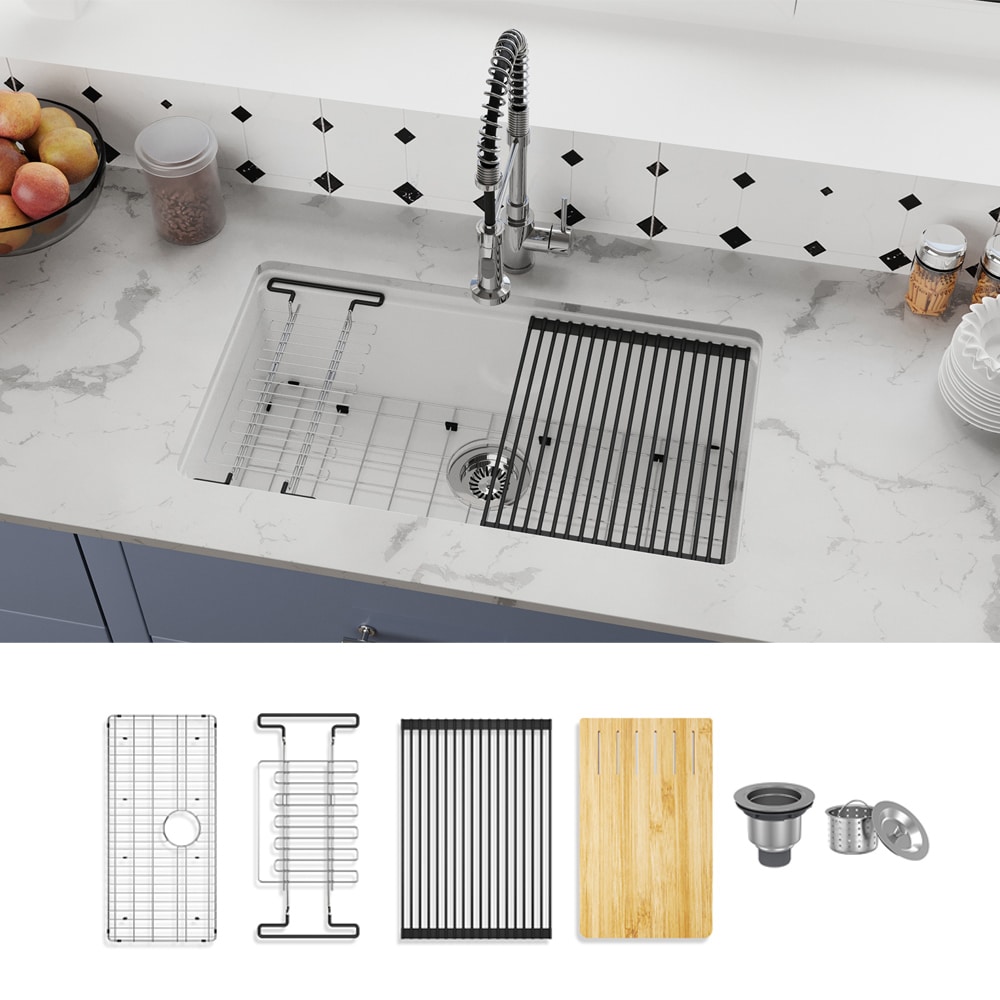 CASAINC Undermount 33-in x 19-in Fireclay Single bowl Workstation Kitchen Sink with Drainboard