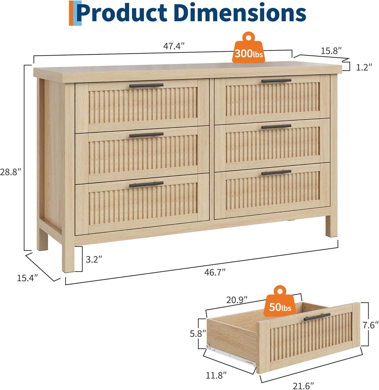 Garvee Fluted Dresser for Bedroom with 6 Drawers 47.4 in Wide Chest of ...