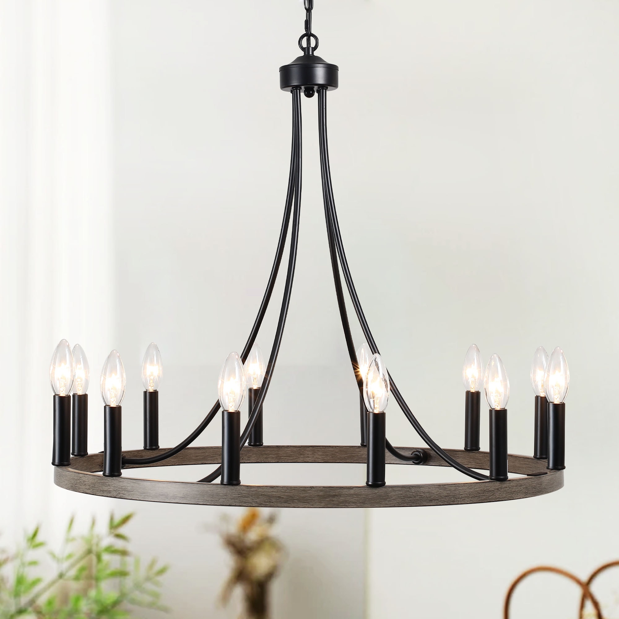 Zjvaive 12-Lights 26.7-inch Black And Brown Classic Wagon Wheel Chandelier Bare Bulb For Multiple Spaces
