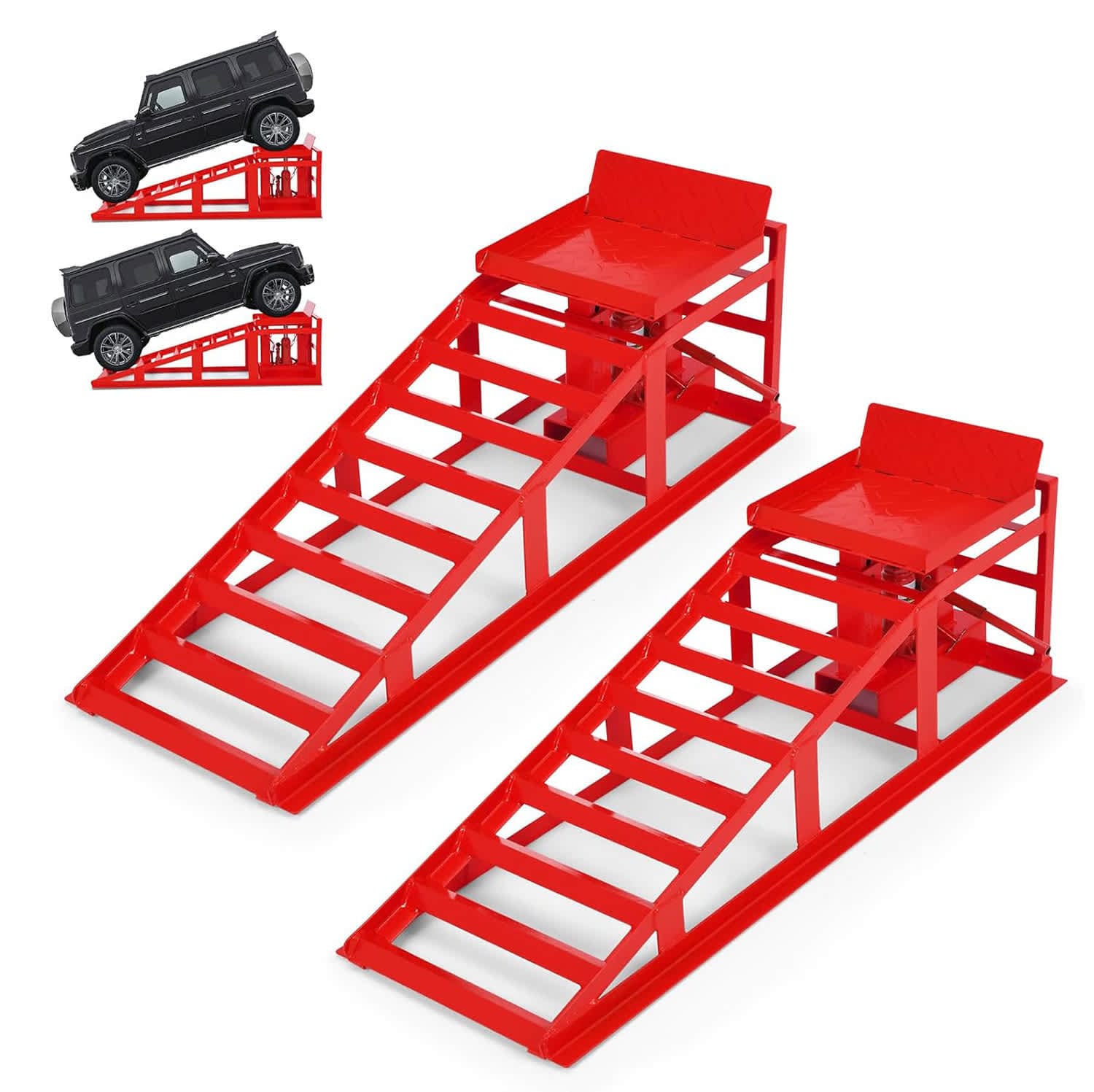 Garvee 2 Pack 5 Ton Hydraulic Car Ramps Low Profile Steel Lift Ramps 11000 Lbs Capacity Adjustable Height 9.8in - 16.21in Heavy Duty Truck SUV Auto Service Ramps for Garage Trailer -R