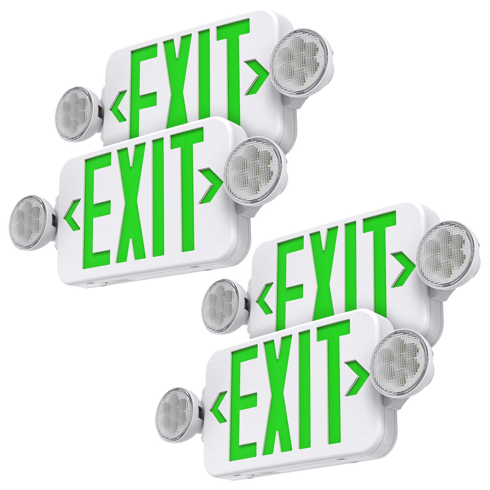 Vrbgify  LED Emergency Exit Sign Combo Double Sided Adjustable Two Head Light Green Letters AC 120277V Indoor Damp Location 4 Pack
