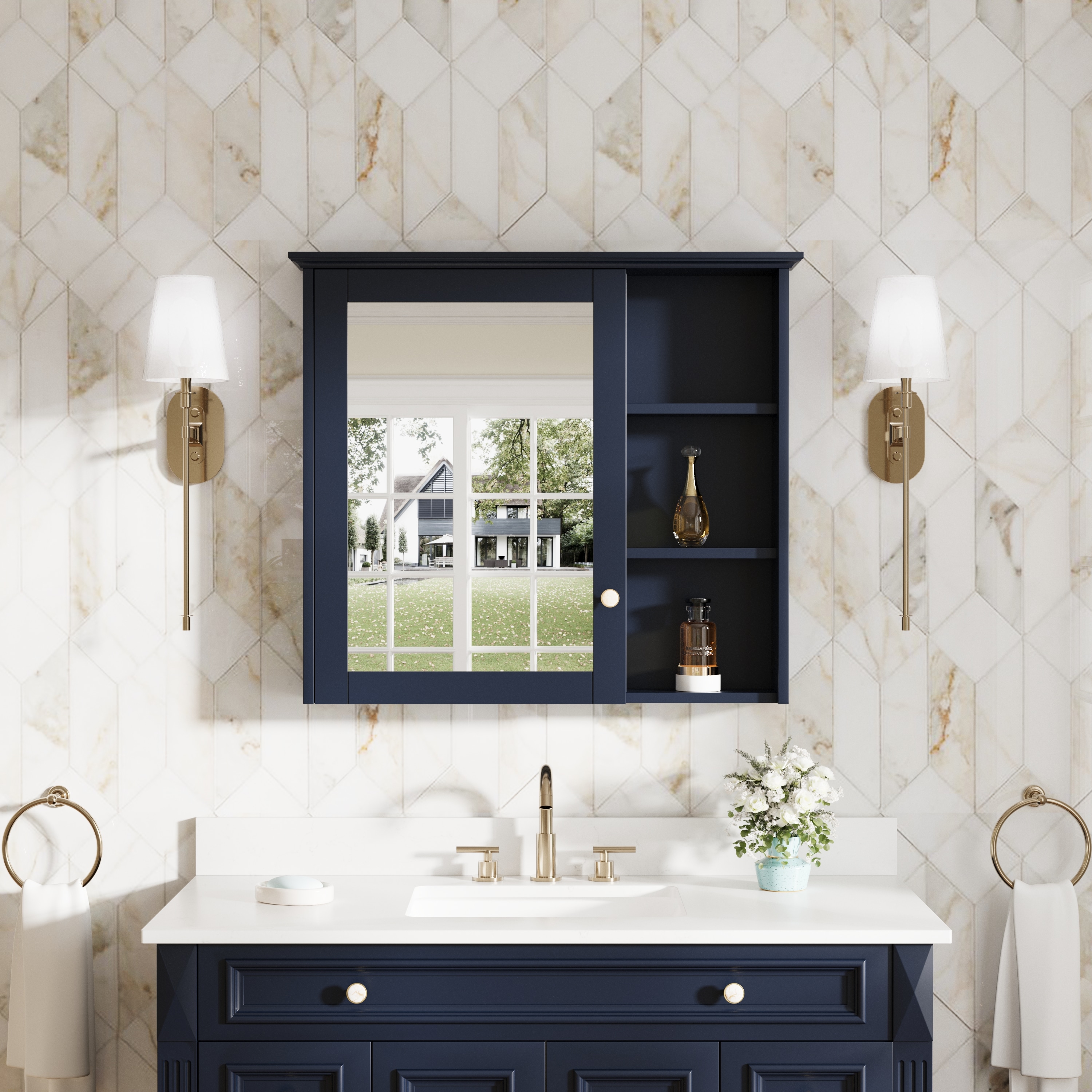 Forclover Assembled Solid Wood 34-in x 30-in Surface Mount Gray Mirrored Soft Close Medicine Cabinet