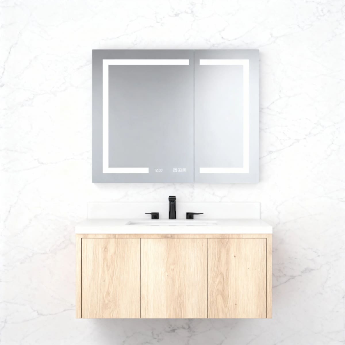 Lirago 36 in. W x 30 in. H Rectangular Silver Aluminum Recessed/Surface Mount Medicine Cabinet with Mirror LED and Clock