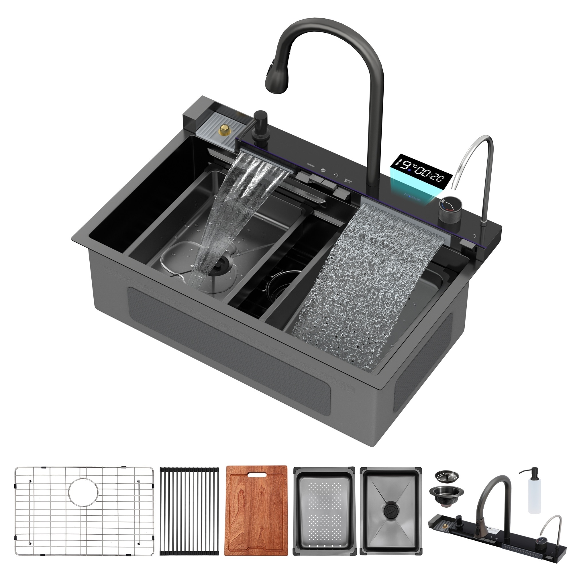 LIVACA 30 inch Gunmetal Black Stainless Steel Kitchen Sink with Waterfall Faucet and Smart LED Temperature Display